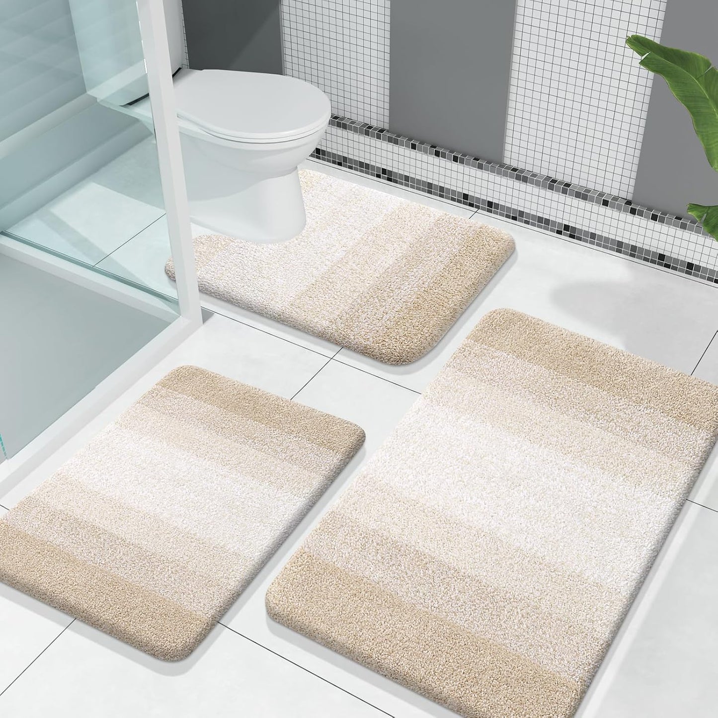 OLANLY Bathroom Rugs Sets 3 Piece, Soft Absorbent Microfiber Bath Mats and U-Shaped Contour Toilet Rug, Plush Shaggy Bath Mat Set for Bathroom (30"x20"+24"x16"+24"x20", Blackish Green)