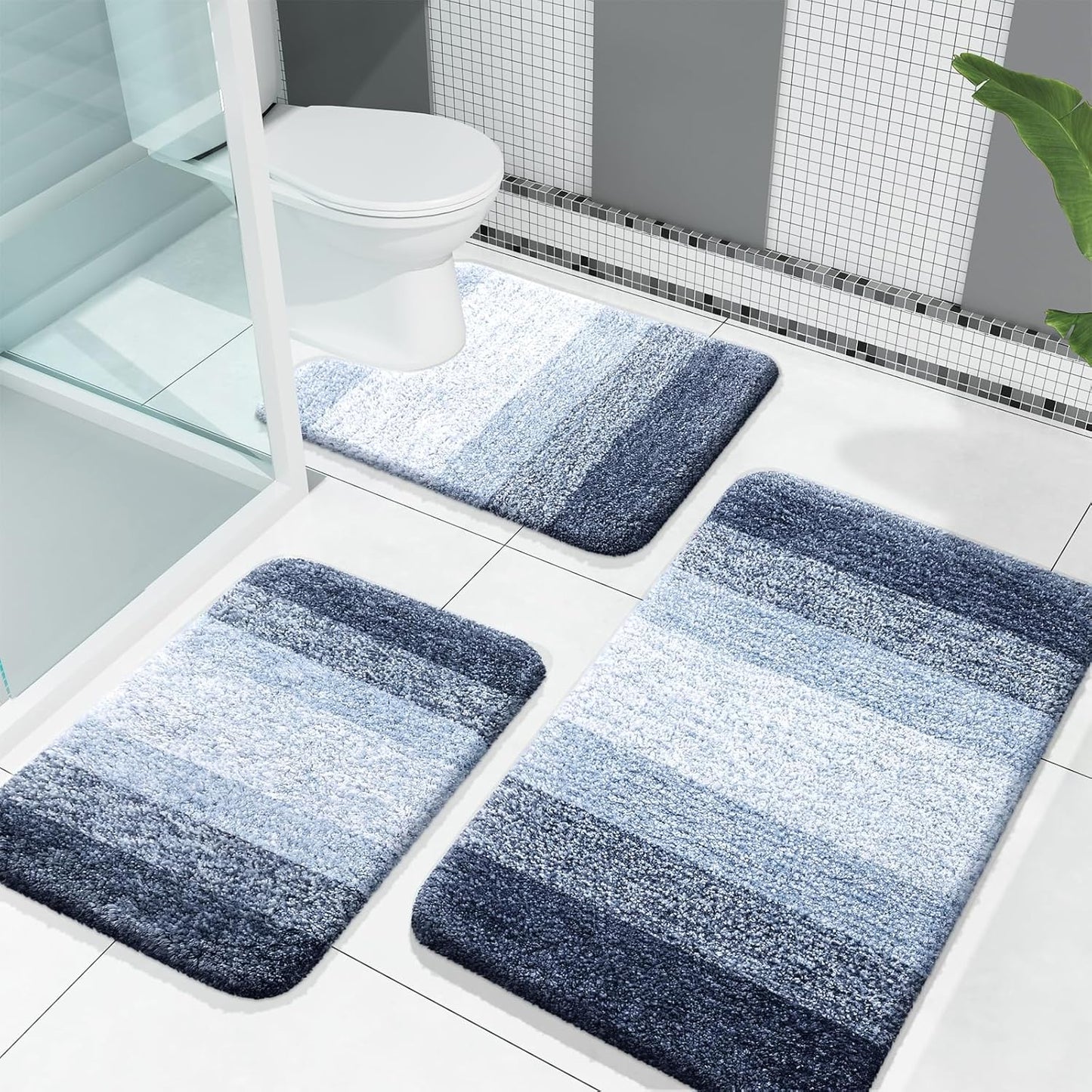 OLANLY Bathroom Rugs Sets 3 Piece, Soft Absorbent Microfiber Bath Mats and U-Shaped Contour Toilet Rug, Plush Shaggy Bath Mat Set for Bathroom (30"x20"+24"x16"+24"x20", Blackish Green)