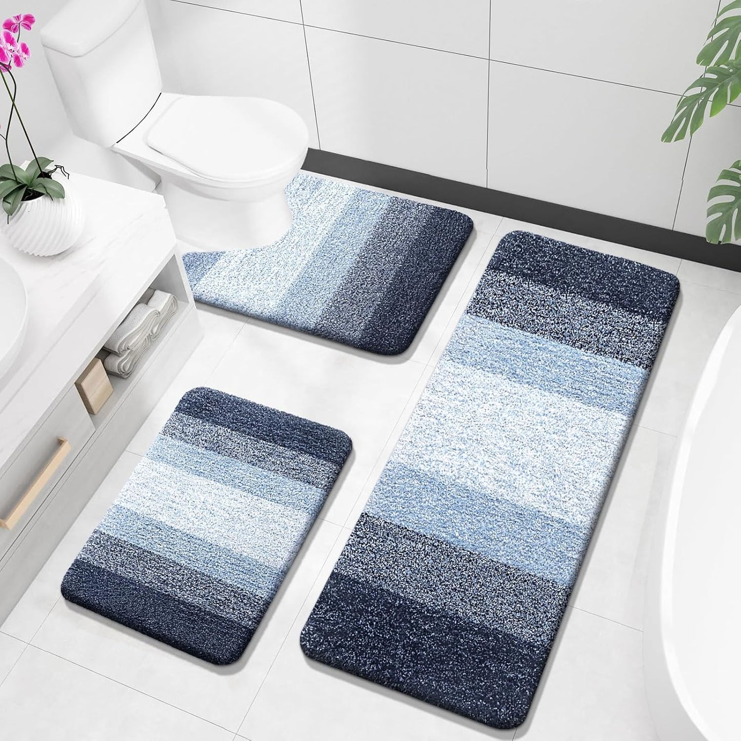 OLANLY Bathroom Rugs Sets 3 Piece, Soft Absorbent Microfiber Bath Mats and U-Shaped Contour Toilet Rug, Plush Shaggy Bath Mat Set for Bathroom (30"x20"+24"x16"+24"x20", Blackish Green)