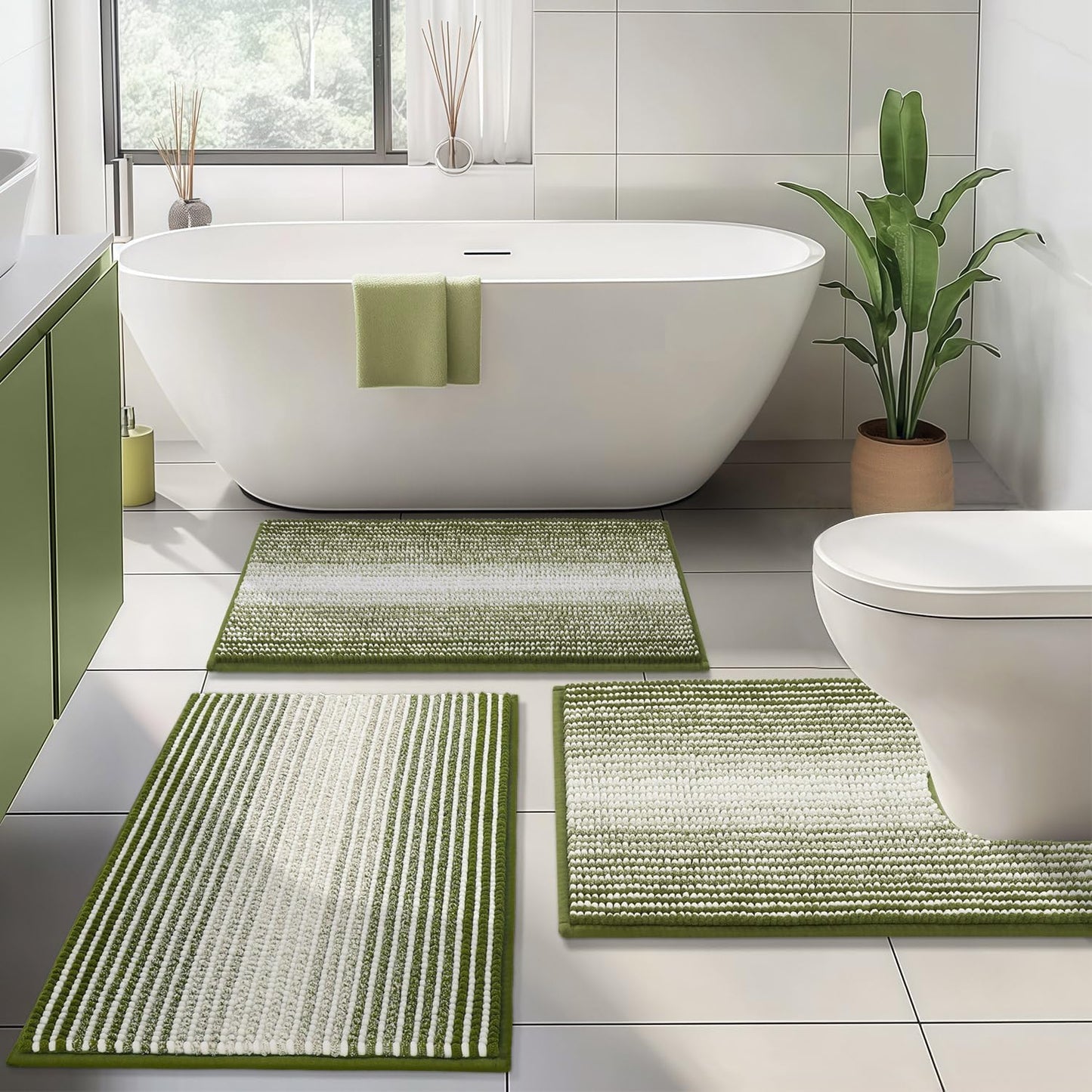 BSICPRO Bathroom Rugs Sets 3 Piece, Toilet Rugs U-Shaped Contour Bath Mat Set, Long Striped Absorbent Non Slip Chenille Shower Mat, Sage