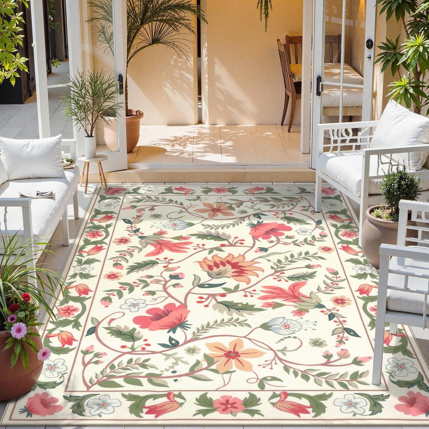 Uphome Indoor Outdoor Area Rug 6x9 ft, Large Floral Patio Rugs for RV Camping Outside, Washable Living Room Mat Non Slip, Breathable Floor Carpet for Bedroom Deck Porch Backyard, Black