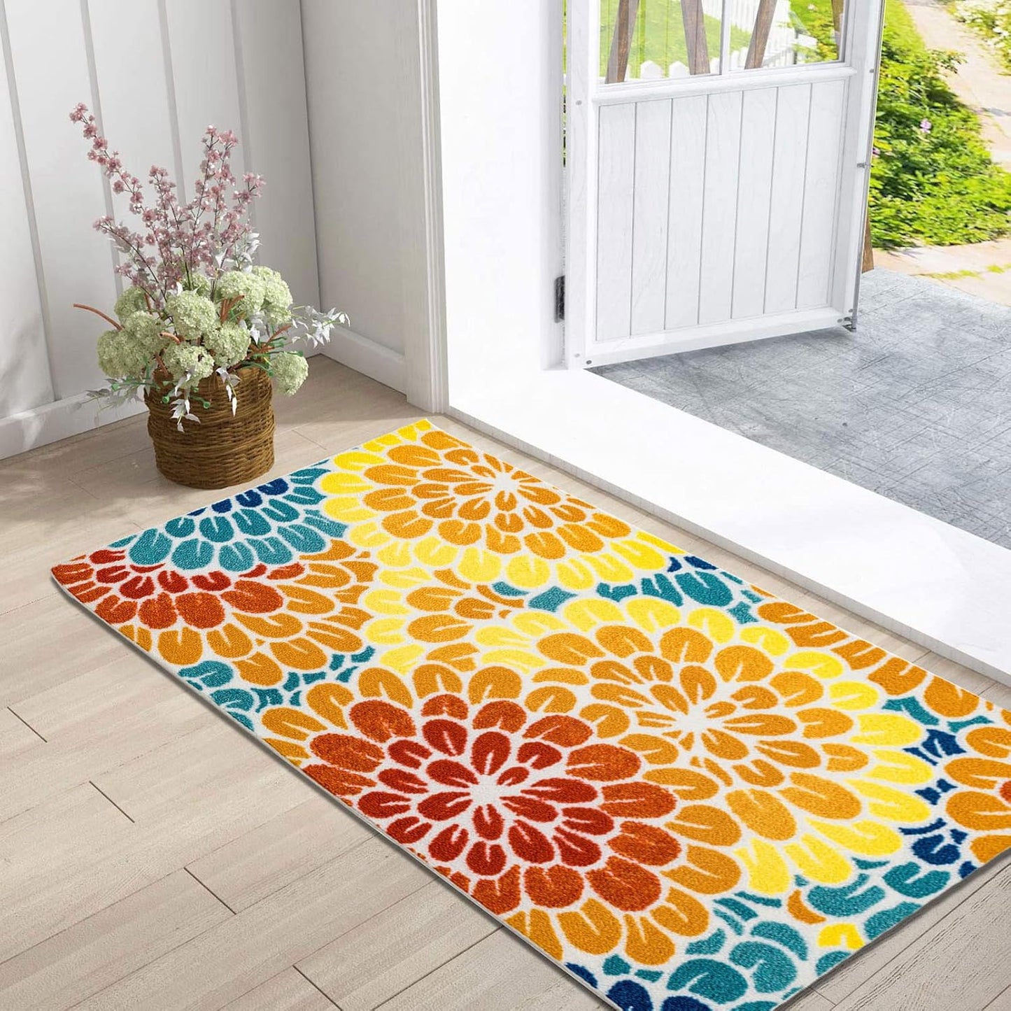 DECOMALL Outdoor Rugs for Patio Deck Porch Balcony Backyard, Green Blue Flower, 5'x7'