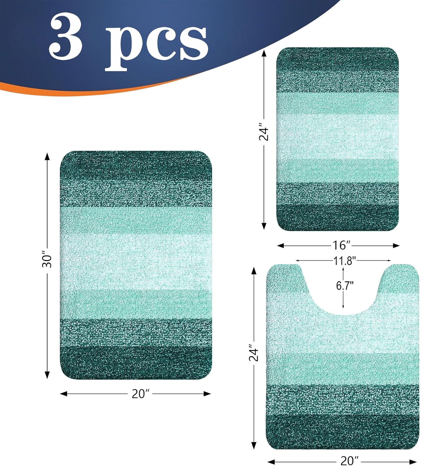 OLANLY Bathroom Rugs Sets 3 Piece, Soft Absorbent Microfiber Bath Mats and U-Shaped Contour Toilet Rug, Plush Shaggy Bath Mat Set for Bathroom (30"x20"+24"x16"+24"x20", Blackish Green)