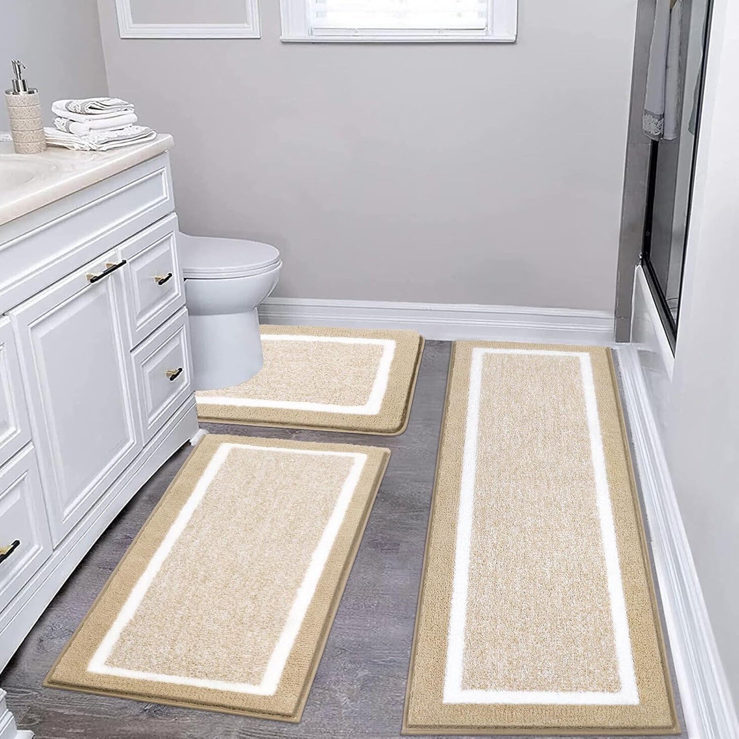 Pauwer Bathroom Rug Mat Set 3 Piece, Microfiber Shaggy Bath Set, Non-Slip Ultra Soft Carpet Mats, Absorbent with U-Shaped Toilet for Bathroom, Tub, Shower, Dark Grey