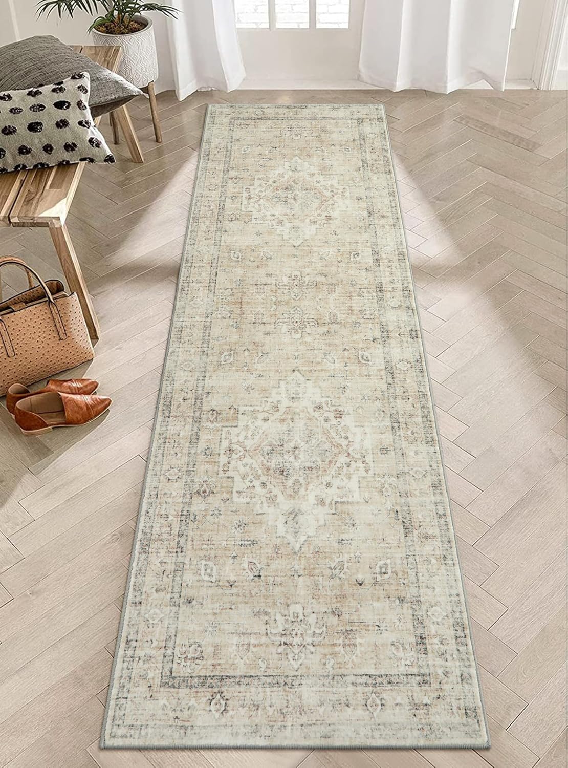LIVEBOX Washable 2x6 Runner Rug for Bathroom, Non Slip Kitchen Mats for Floor Entryway, Boho Indoor Front Door Mat Low-Pile Runners for Hallways, Farmhouse Rugs for Laundry, Sage Green