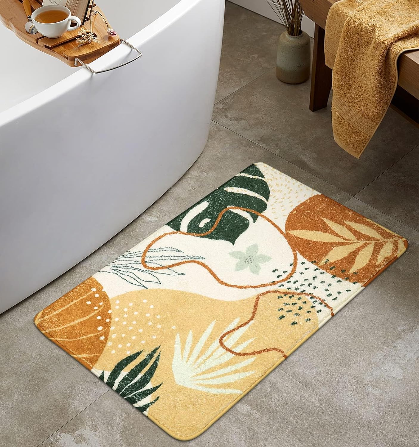 Uphome Sage Green Bathroom Rug Set, Cute Abstract Plant Bath Mat Set, Non Slip Machine Washable Bath Rugs, Soft Velvet Small Bathroom Mat, Mid Centry Aesthetic Botanical Floor Mats for Tub Sink Shower