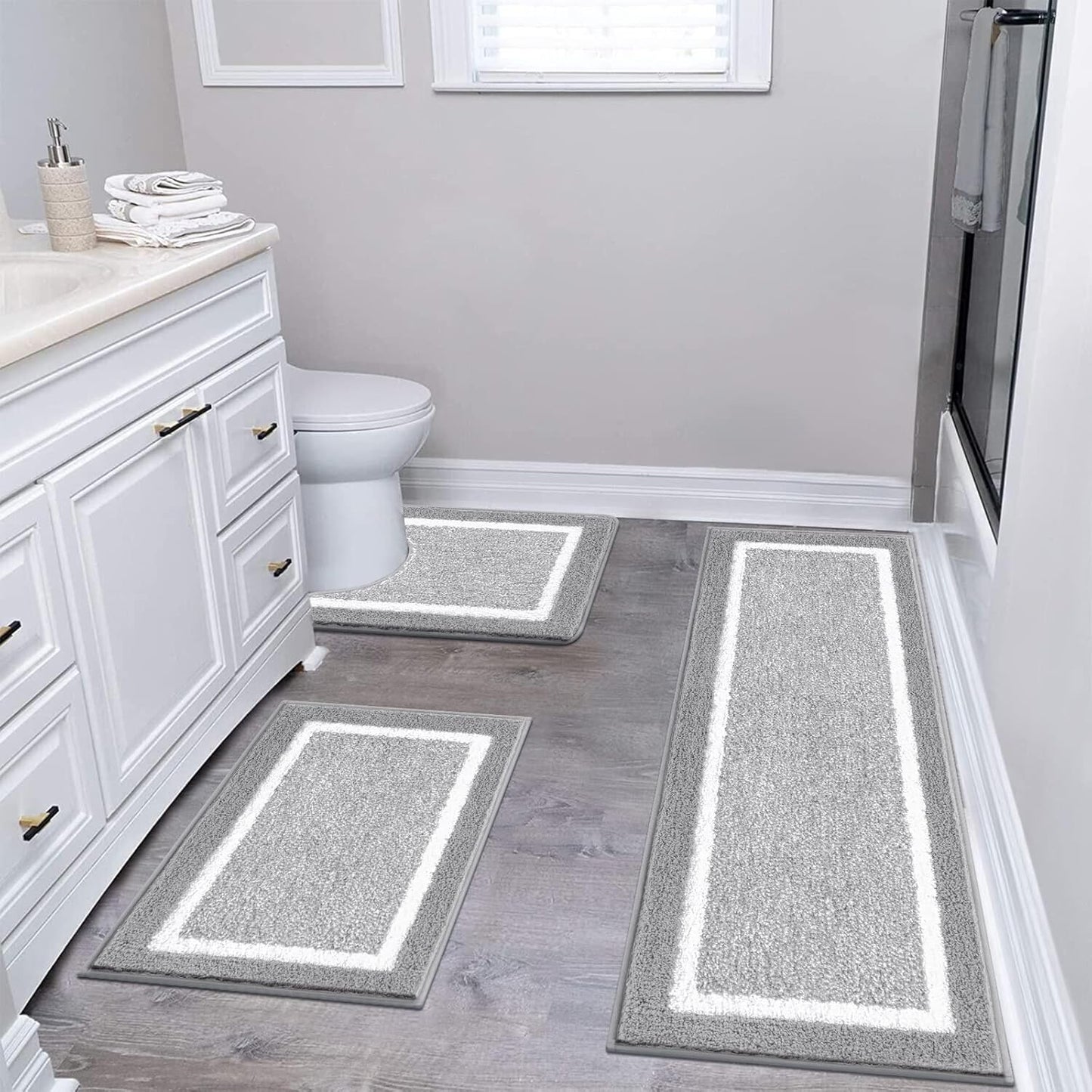 Pauwer Bathroom Rug Mat Set 3 Piece, Microfiber Shaggy Bath Set, Non-Slip Ultra Soft Carpet Mats, Absorbent with U-Shaped Toilet for Bathroom, Tub, Shower, Dark Grey