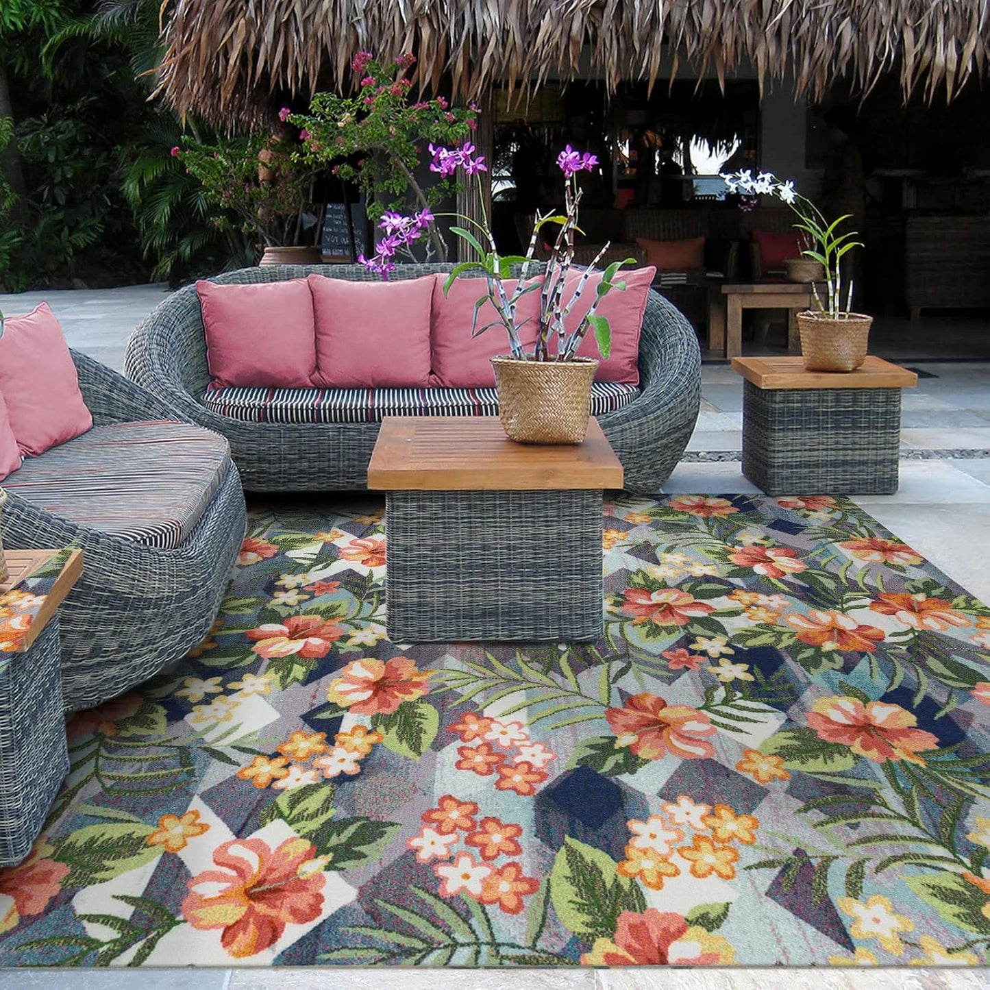 DECOMALL Outdoor Rugs for Patio Deck Porch Balcony Backyard, Green Blue Flower, 5'x7'