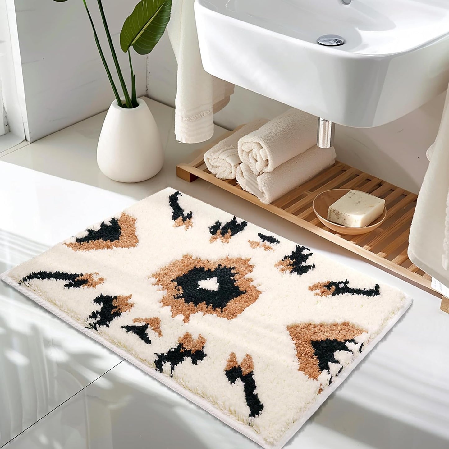 Boho Long Bathroom Rugs Runner Non Slip Washable Western Aztec Bath Mats Rugs for Bathroom Hallway Plush Soft Absorbent Farmhouse Carpet for Shower, Kitchen, 24x60 inch, WhiteBrown