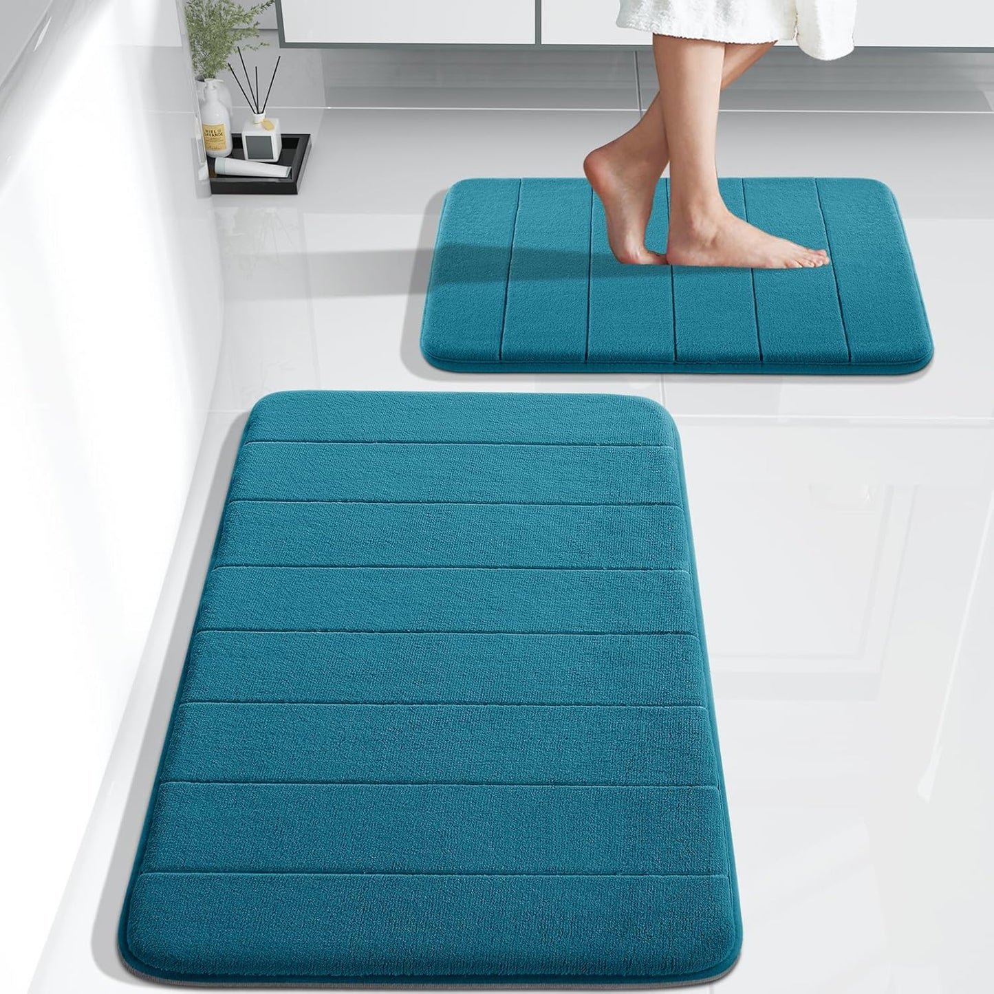Yimobra Large Bath Mat Set 2 Piece- Super Soft Absorbent Quick Dry Memory Foam Bathroom Rugs, Machine Washable Non Slip Floor Carpet for Tub Shower & Double Vanity (17x24 & 44x24, Gray)