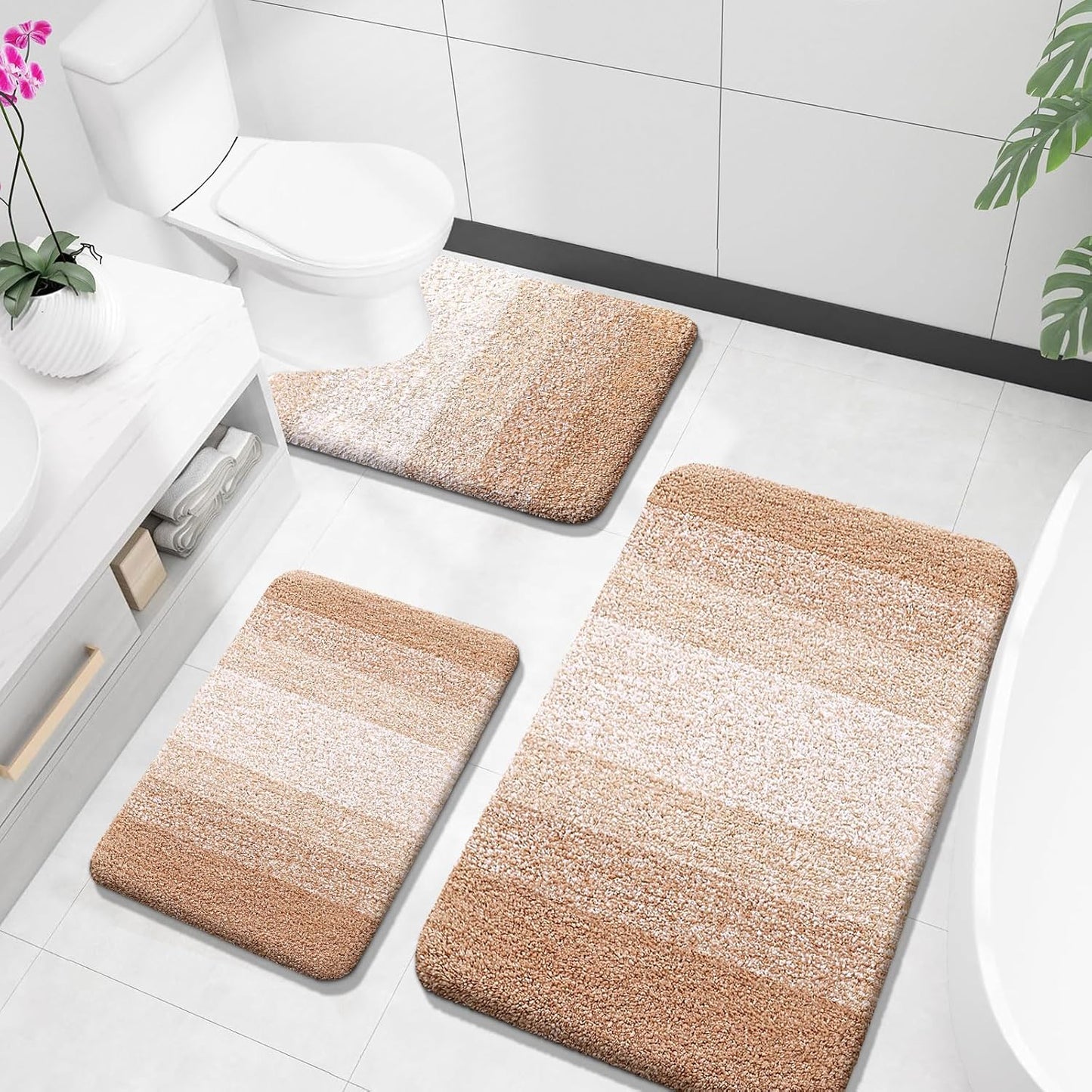 OLANLY Bathroom Rugs Sets 3 Piece, Soft Absorbent Microfiber Bath Mats and U-Shaped Contour Toilet Rug, Plush Shaggy Bath Mat Set for Bathroom (30"x20"+24"x16"+24"x20", Blackish Green)