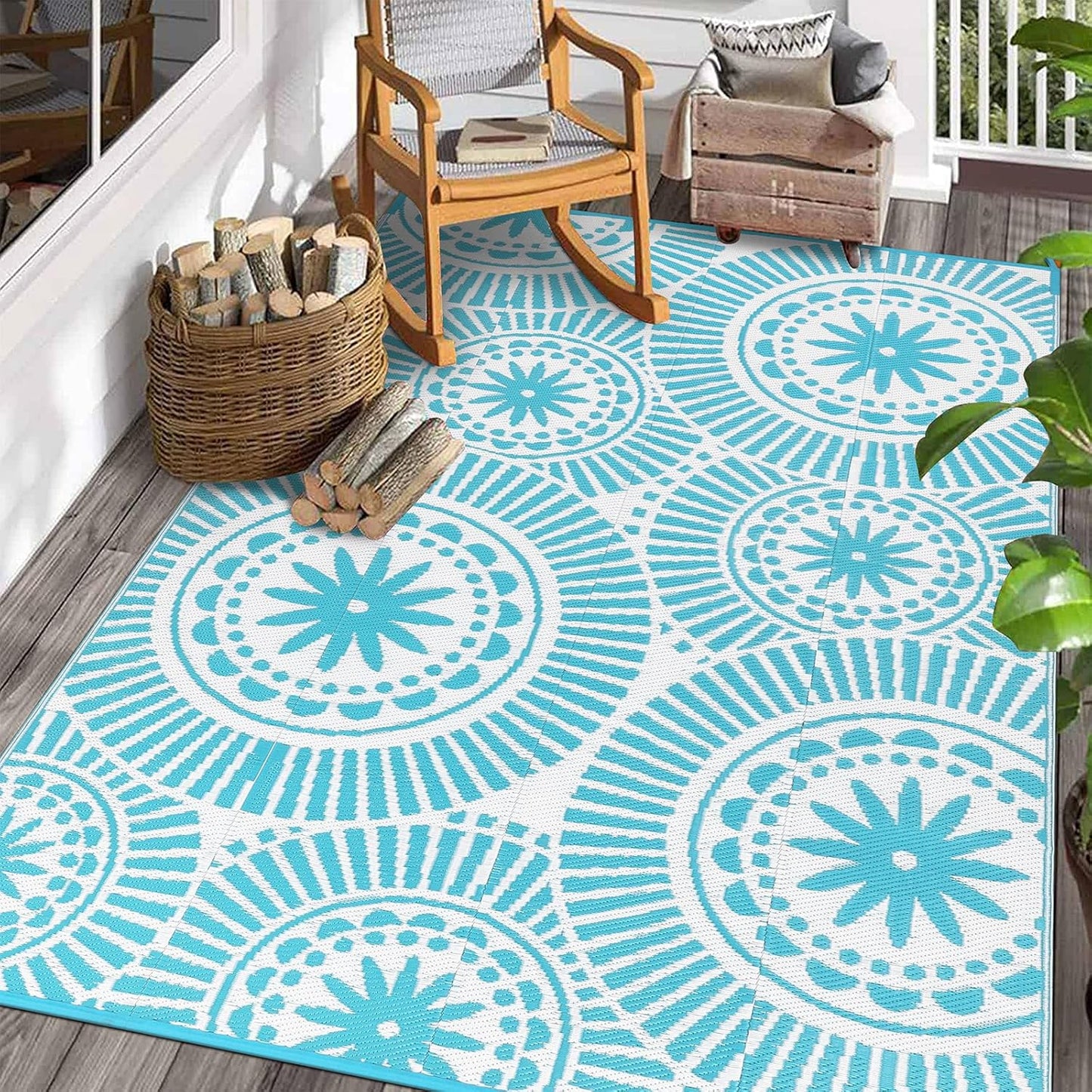 Ileading Round Outdoor Plastic Straw Rug 6ft Funny Floral Style Reversible Patio Area Rugs Waterproof Non Shedding Portable Carpets for Rv Outside Deck Pool Beach Picnic Camping (Pink)