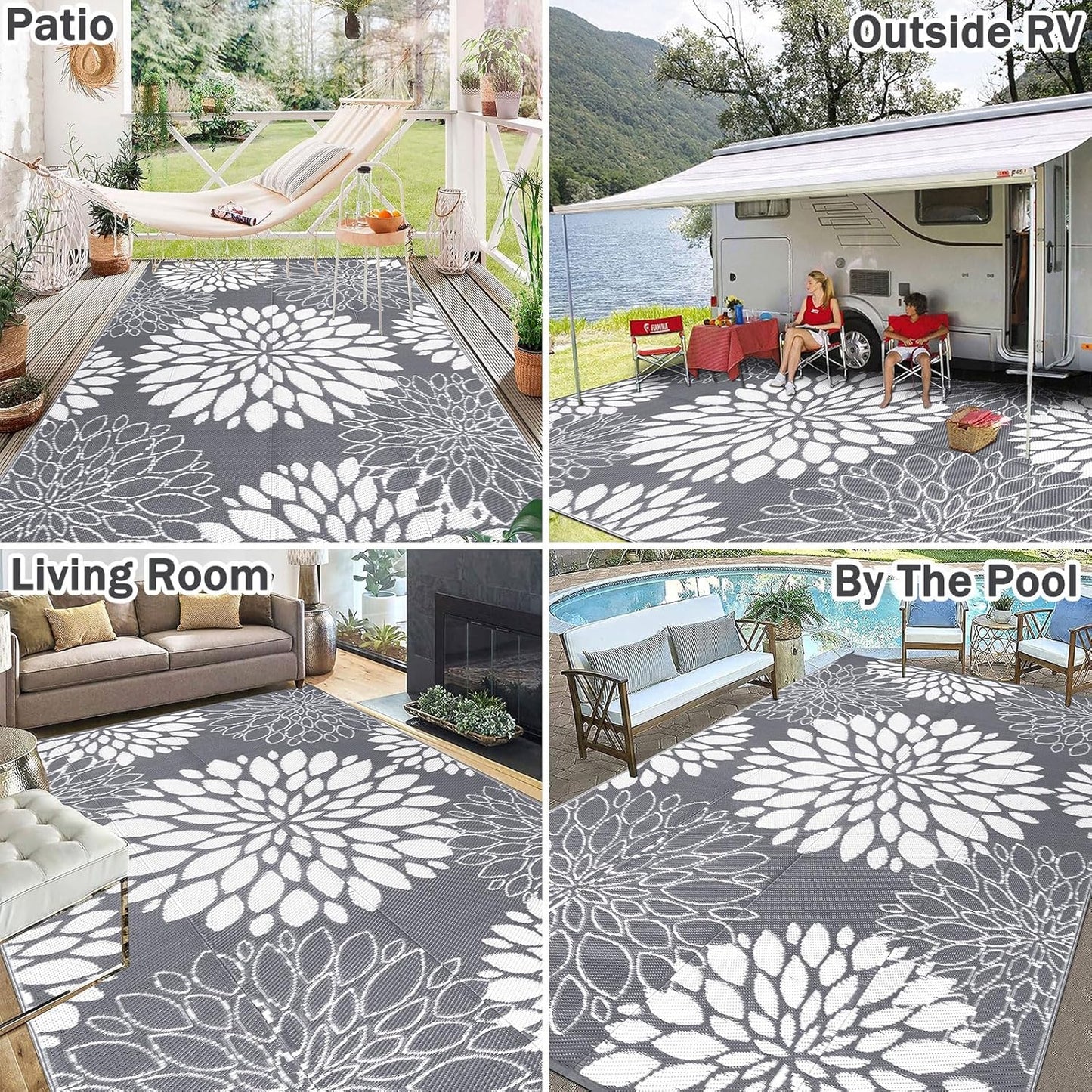 Ileading Reversible Outdoor Rug 6x9Ft Waterproof Patio Rug Carpet Portable Outdoor Plastic Straw Rug Large RV Camping Mat Rug for Patio, Clearance, Deck, Beach, Porch, Camping, Picnic, Flower Grey