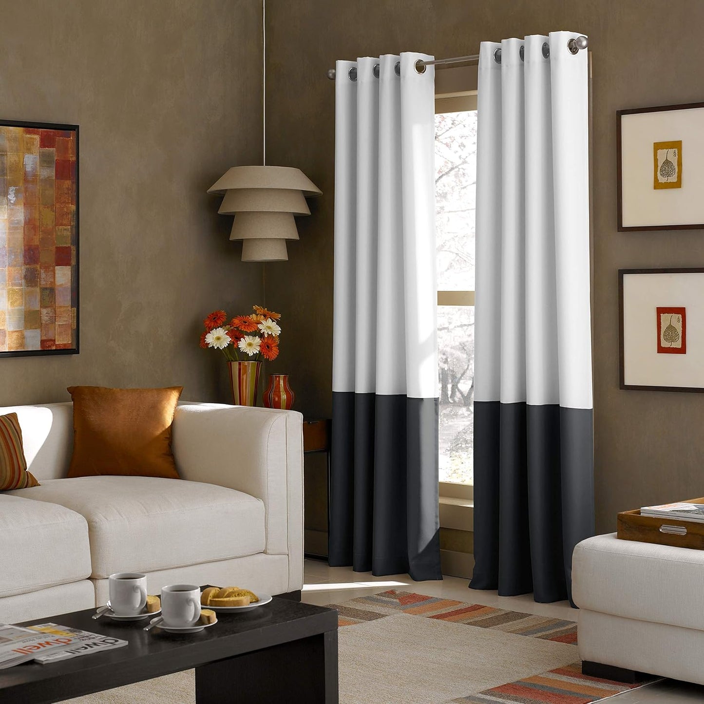 Curtainworks Kendall Color Block Grommet Curtain Panel, 84-Inch, Ivory/Tan