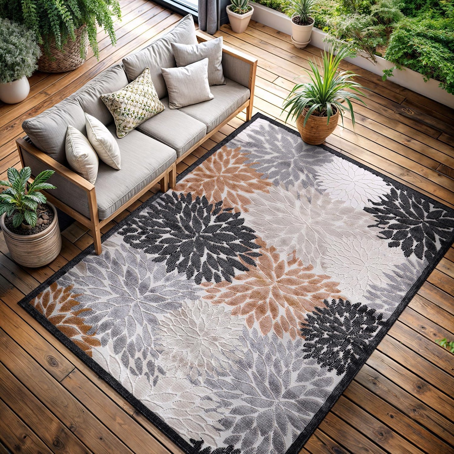 CAMILSON Indoor Outdoor Rug 8x10 Bohemian Medallion Floral Area Rugs for Indoor and Outdoor Patios Easy-Cleaning Non-Shedding Living Room Garden and Kitchen Washable Outside Carpet (8 x 10 / Beige)