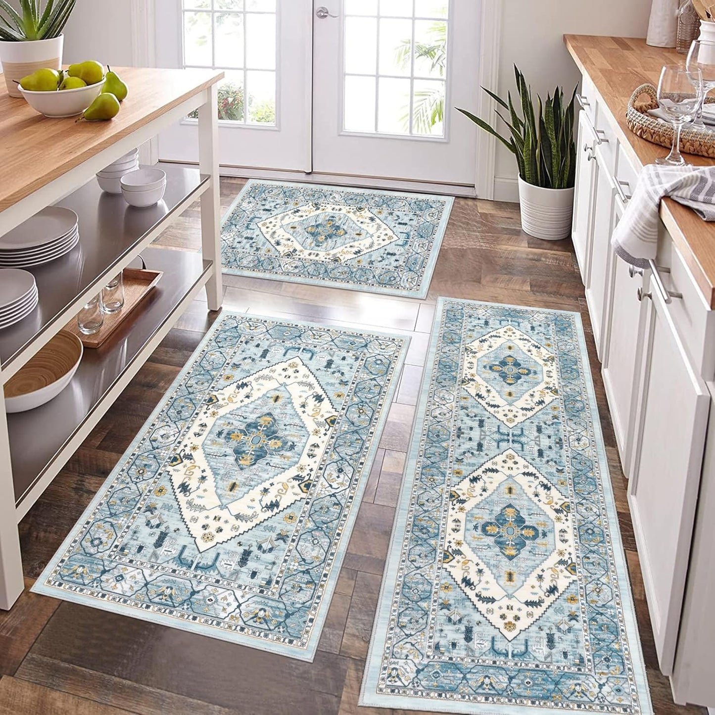 Pauwer Kitchen Mats for Floor 3 Piece Set Boho Non Slip Kitchen Rugs Washable Farmhouse Kitchen Floor Mats Thick Long Kitchen Throw Area Rug Carpet Runner for Hallway Entryway Laundry Bathroom, Blue