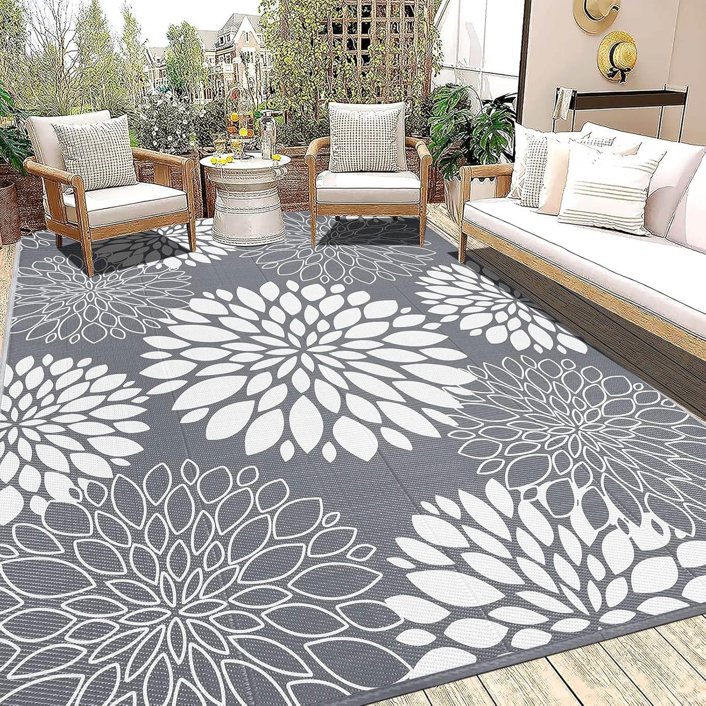 Ileading Reversible Outdoor Rug 6x9Ft Waterproof Patio Rug Carpet Portable Outdoor Plastic Straw Rug Large RV Camping Mat Rug for Patio, Clearance, Deck, Beach, Porch, Camping, Picnic, Flower Grey