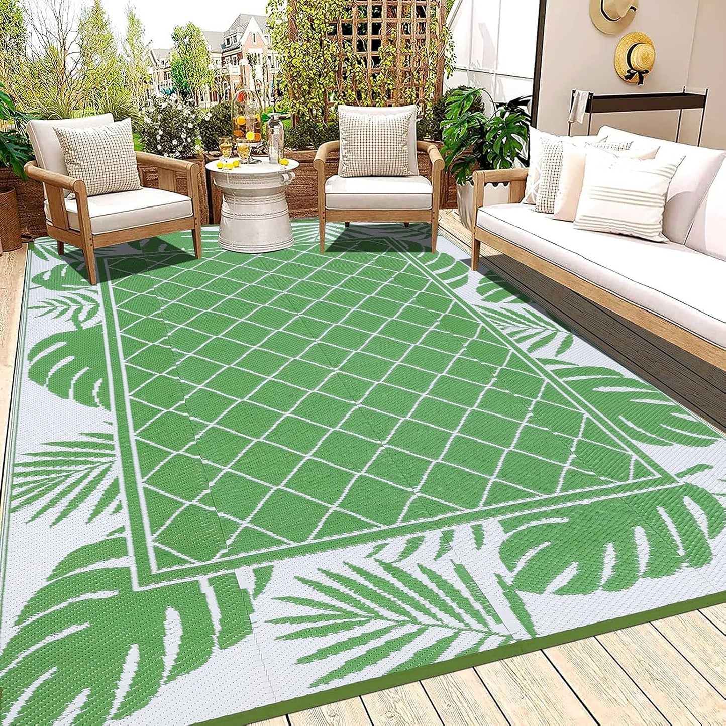 Ileading Reversible Outdoor Rug 6x9Ft Waterproof Patio Rug Carpet Portable Outdoor Plastic Straw Rug Large RV Camping Mat Rug for Patio, Clearance, Deck, Beach, Porch, Camping, Picnic, Flower Grey