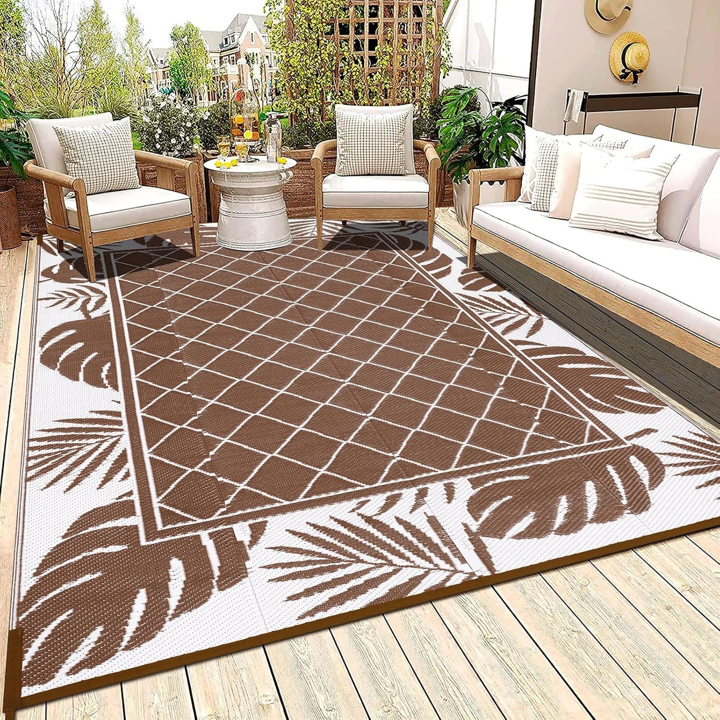 Ileading Reversible Outdoor Rug 6x9Ft Waterproof Patio Rug Carpet Portable Outdoor Plastic Straw Rug Large RV Camping Mat Rug for Patio, Clearance, Deck, Beach, Porch, Camping, Picnic, Flower Grey