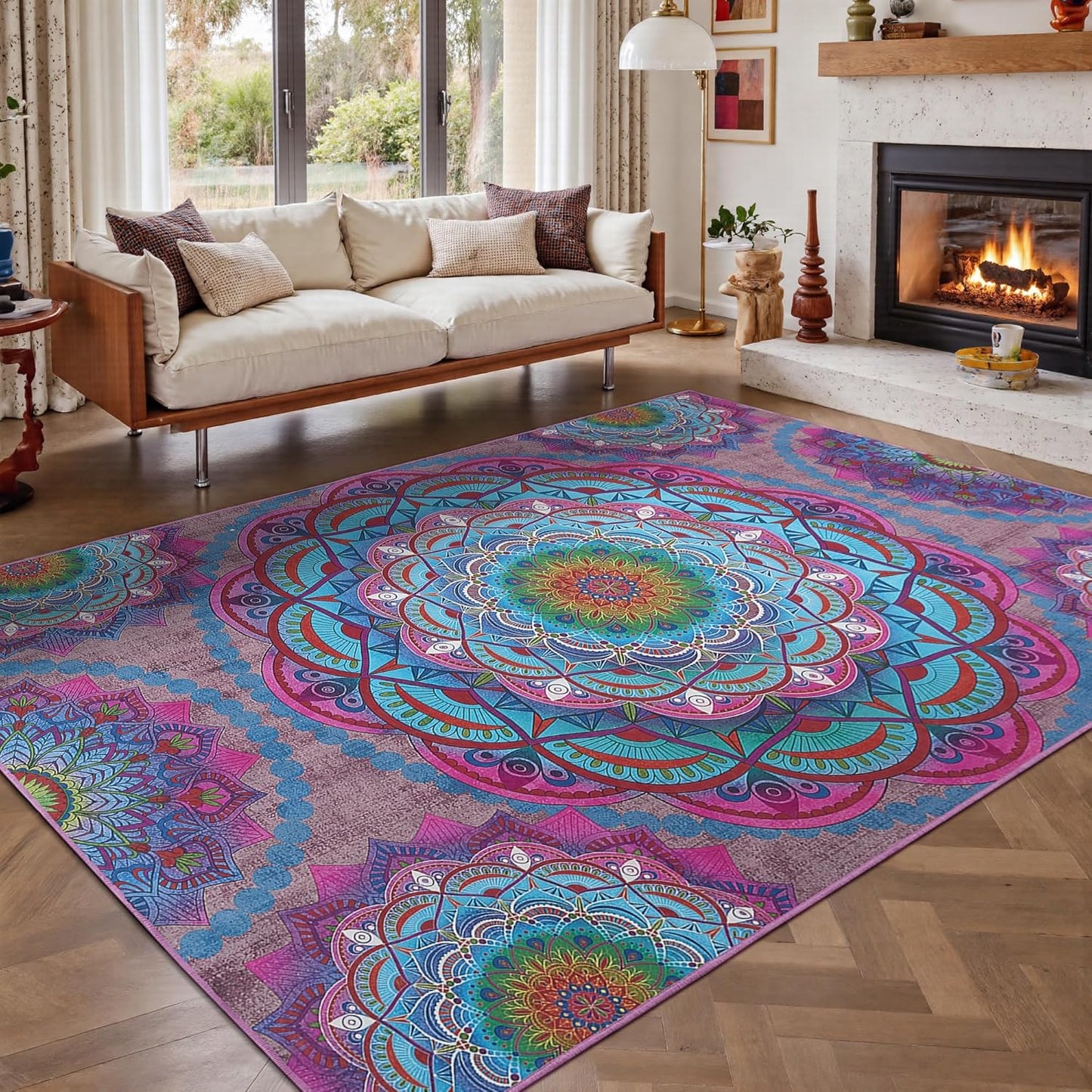 Meditation Indoor Outdoor Rug 5x8 ft Mandala Pattern Rug Boho Style,Yoga Meditation Mat Picnic Rug for Patio Living Room Porch Garden Deck Backyard Easy to Clean Non Shedding Non-Slip