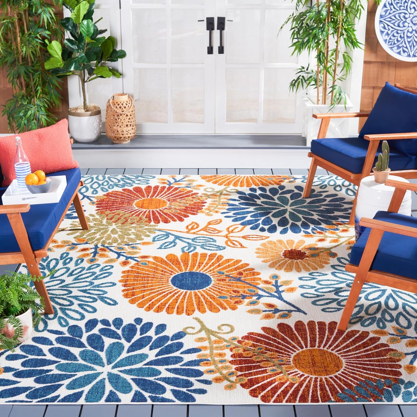 SAFAVIEH Cabana Collection 3' Round Cream/Red CBN832A Floral Indoor/ Outdoor Non-Shedding Easy Cleaning Patio Backyard Deck Porch Mudroom Area Rug
