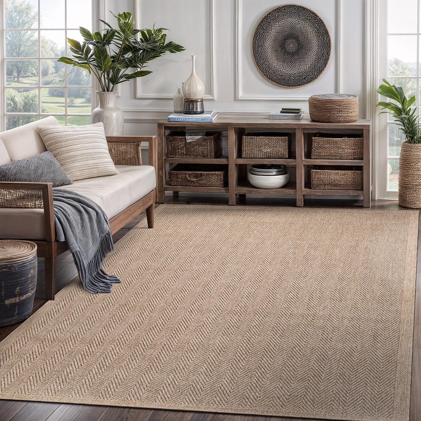 CAMILSON Easy Jute Rug 9x12, Indoor Outdoor Natural Color Fiber Area Rugs for Living Room Patio and Kitchen Rug, Sisal Boho Woven Design, Easy-Cleaning, Washable Outside Carpet Alfombras (9 x 12)