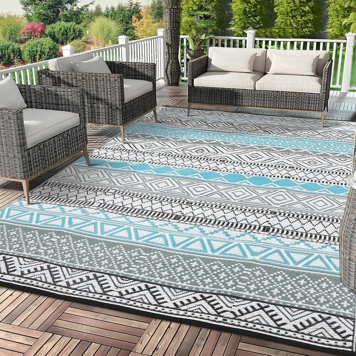 GAOMON Outdoor Plastic Straw Rug, 10'x20' Reversible Sage Green Patio Mat, Flower Modern Design for RV, Backyard, Deck, Camping, Picnic, Teal/Yellow(Bohemia)