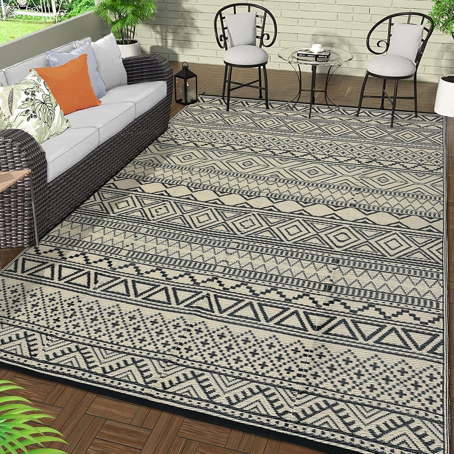 GAOMON Outdoor Plastic Straw Rug, 10'x20' Reversible Sage Green Patio Mat, Flower Modern Design for RV, Backyard, Deck, Camping, Picnic, Teal/Yellow(Bohemia)