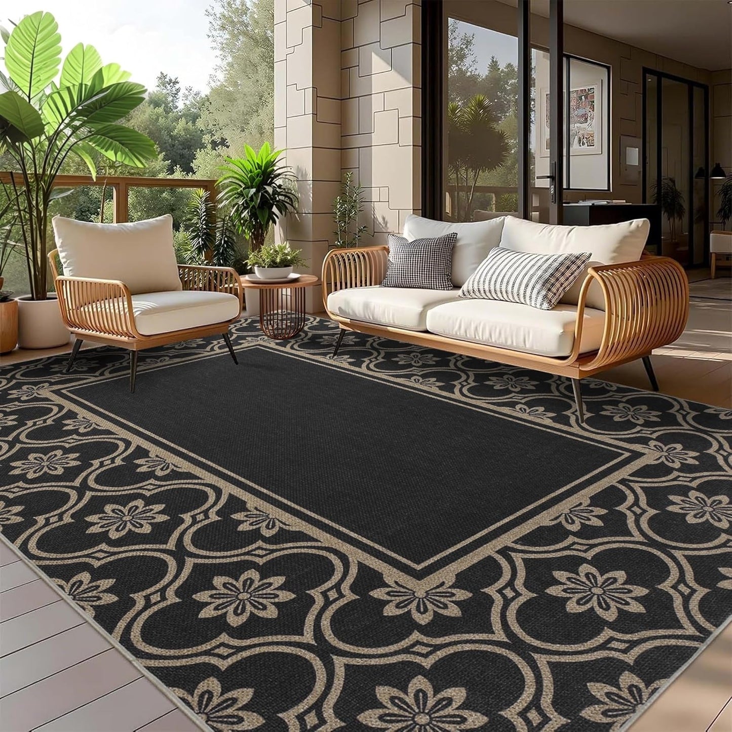 Floral Easy Jute Rug 5x7 Outdoor Patio Rug Washable Area Rugs for Living Room Bedroom Non Slip Neutral Farmhouse Indoor Outdoor Carpet for Backyard Patio Office