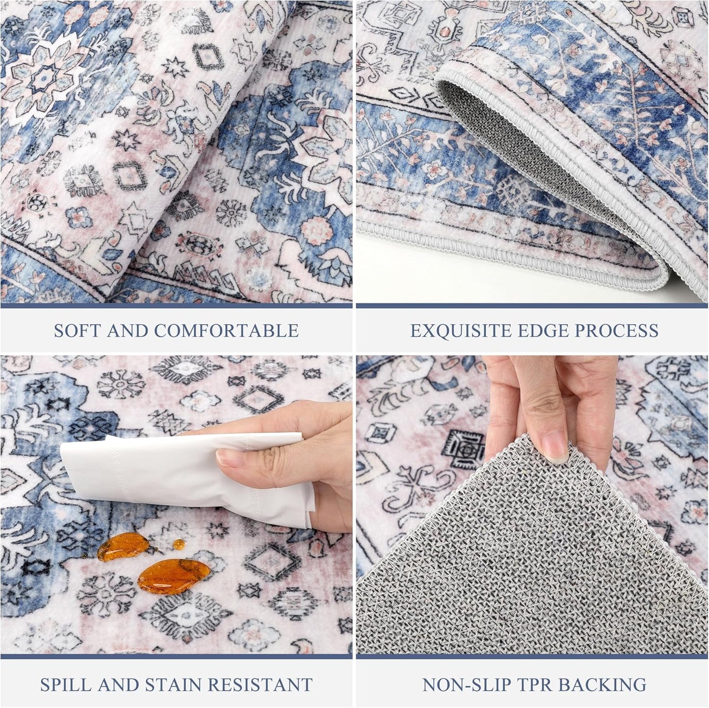 Pauwer Kitchen Mats for Floor 3 Piece Set Boho Non Slip Kitchen Rugs Washable Farmhouse Kitchen Floor Mats Thick Long Kitchen Throw Area Rug Carpet Runner for Hallway Entryway Laundry Bathroom, Blue