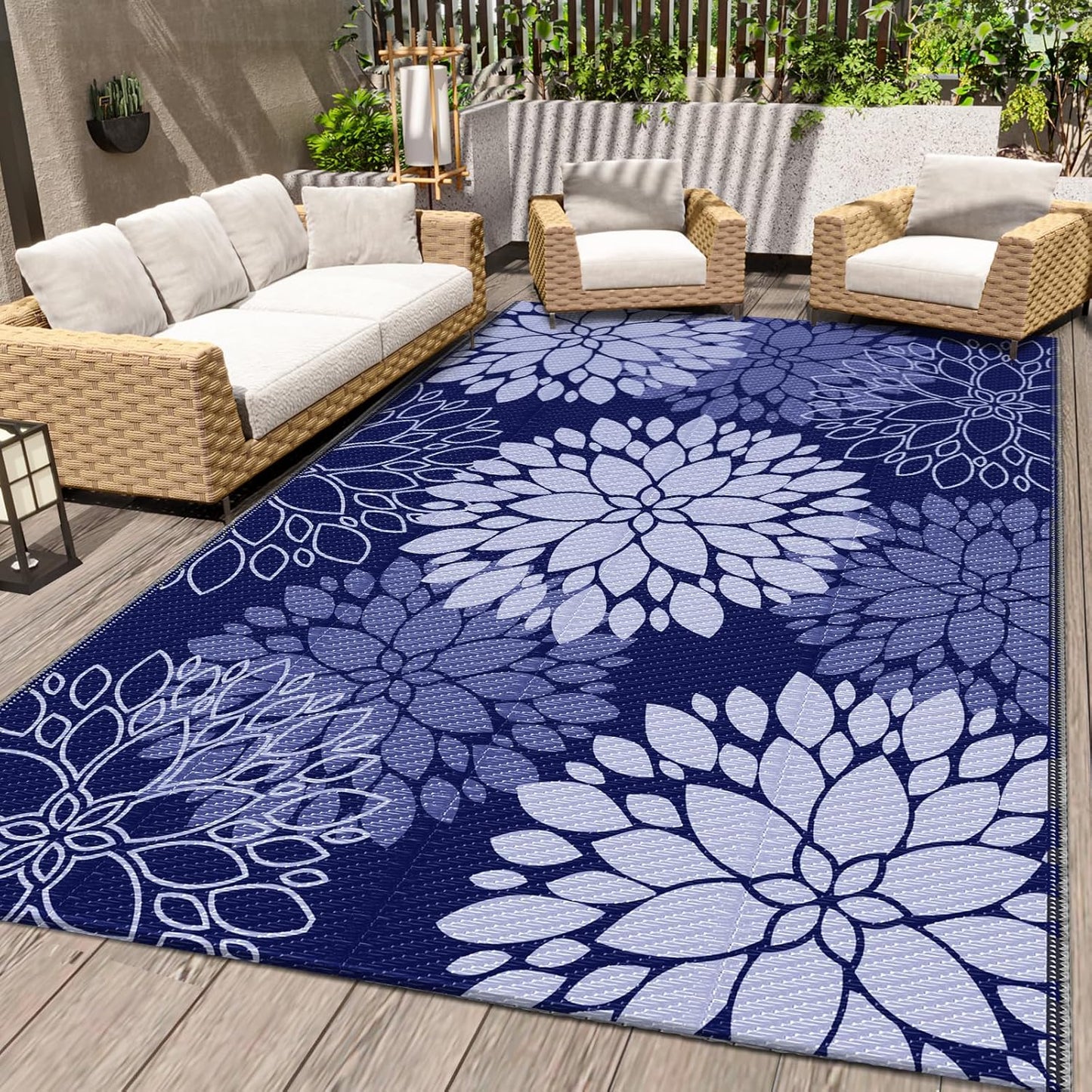 LuxStep Outdoor Rug Waterproof Outdoor Plastic Straw Rug Reversible Patio Rug Mat Outdoor Decor Large Area Mats for RV, Picnic, Backyard, Deck, Balcony, Porch, Beach, Camping, 5' x 8' Blue