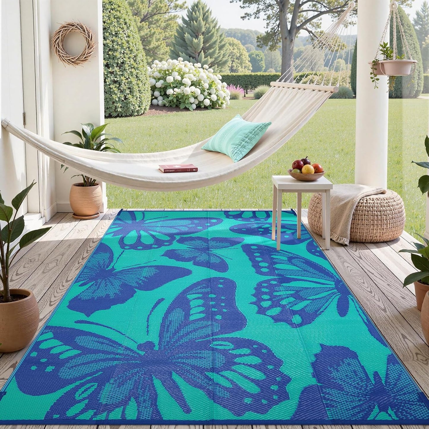 Uphome Outdoor Rug Waterproof 6x9 ft, Patio Plastic Straw Rugs for RV Camping, Reversible Butterfly Mat Outside, Indoor Outdoor Floor Carpet for Back Yard Deck Balcony Porch Beach Picnic