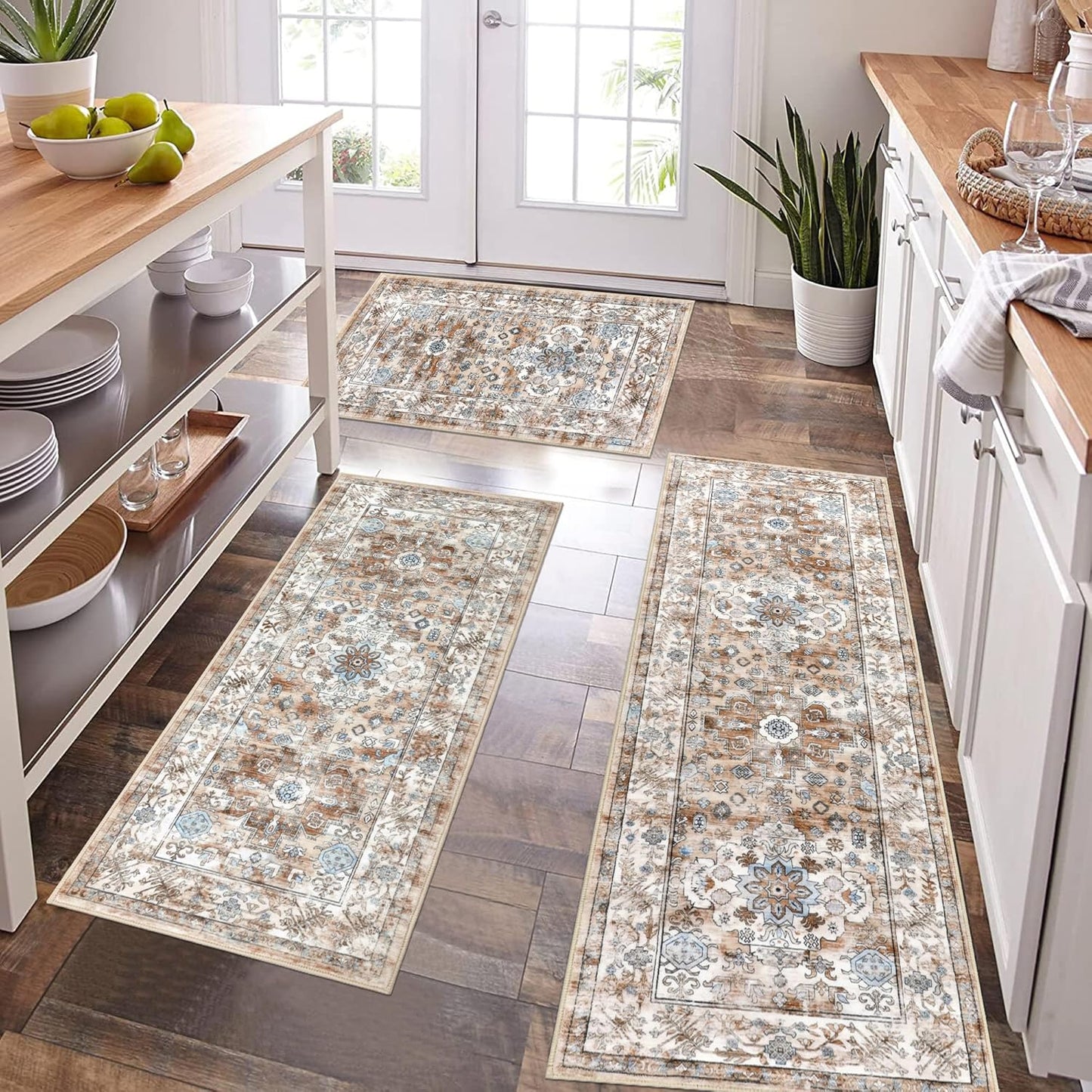Pauwer Kitchen Mats for Floor 3 Piece Set Boho Non Slip Kitchen Rugs Washable Farmhouse Kitchen Floor Mats Thick Long Kitchen Throw Area Rug Carpet Runner for Hallway Entryway Laundry Bathroom, Blue