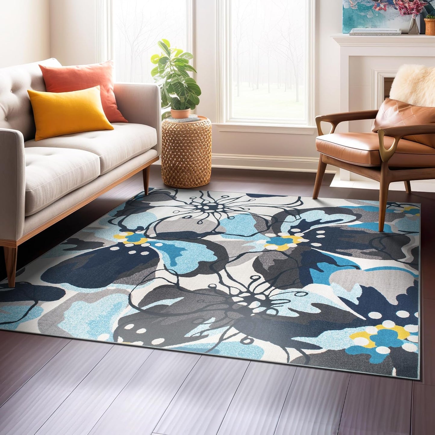 Rugshop Modern Bright Flowers Non-Slip (Non-Skid) Area Rug 8 x 10 (7' 10" x 10') Multi