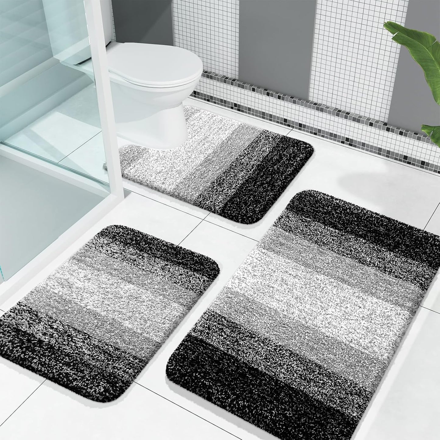 OLANLY Bathroom Rugs Sets 3 Piece, Soft Absorbent Microfiber Bath Mats and U-Shaped Contour Toilet Rug, Plush Shaggy Bath Mat Set for Bathroom (30"x20"+24"x16"+24"x20", Blackish Green)