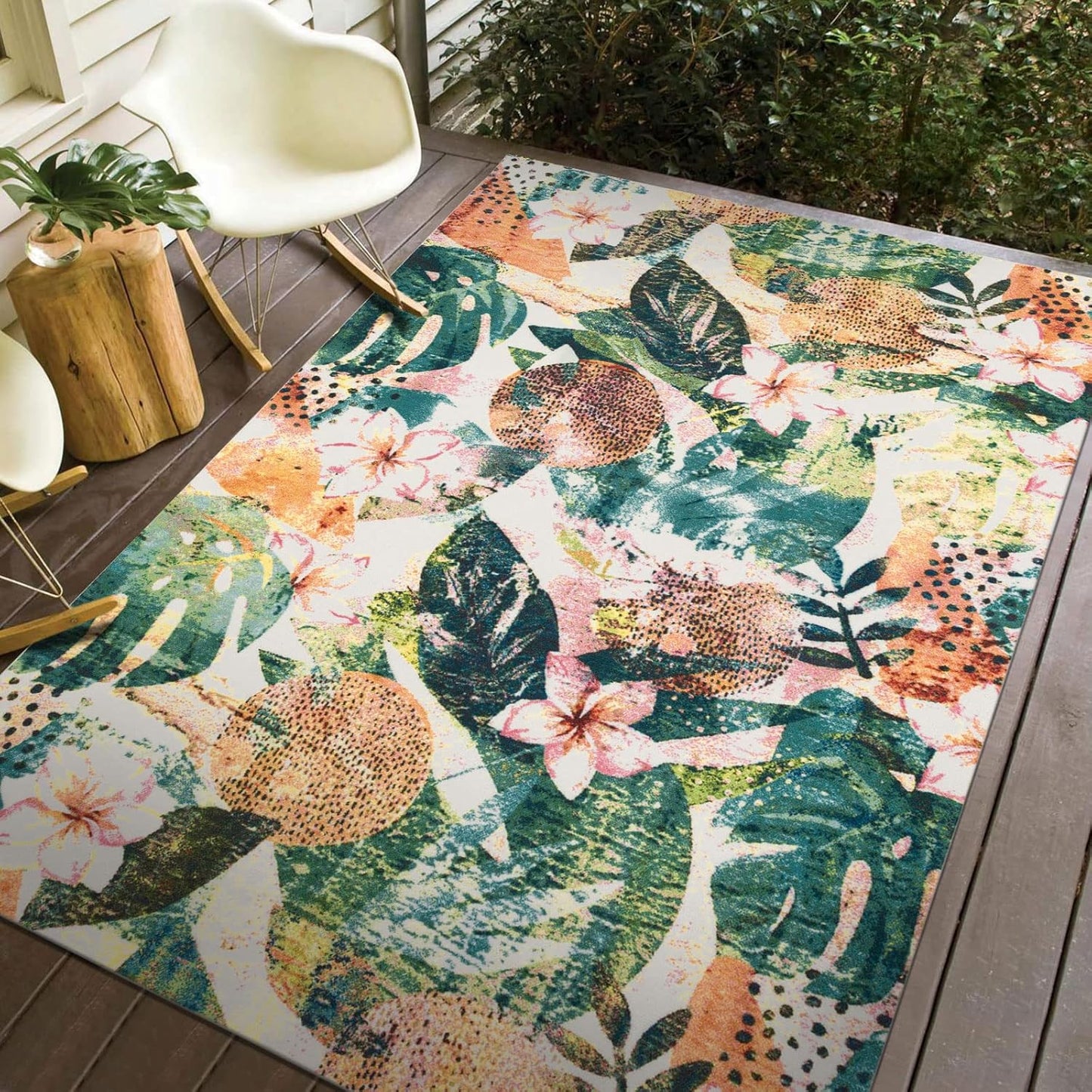 DECOMALL Outdoor Rugs for Patio Deck Porch Balcony Backyard, Green Blue Flower, 5'x7'