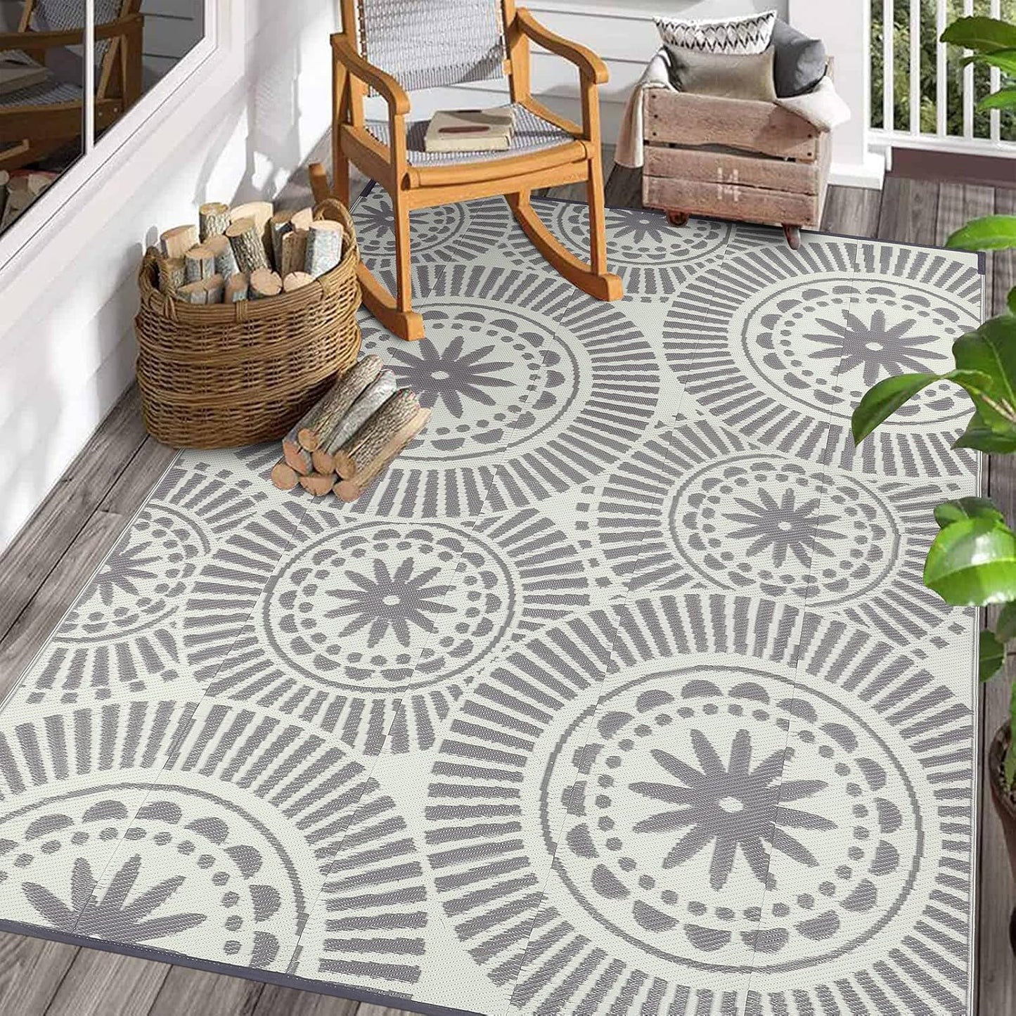 Ileading Round Outdoor Plastic Straw Rug 6ft Funny Floral Style Reversible Patio Area Rugs Waterproof Non Shedding Portable Carpets for Rv Outside Deck Pool Beach Picnic Camping (Pink)