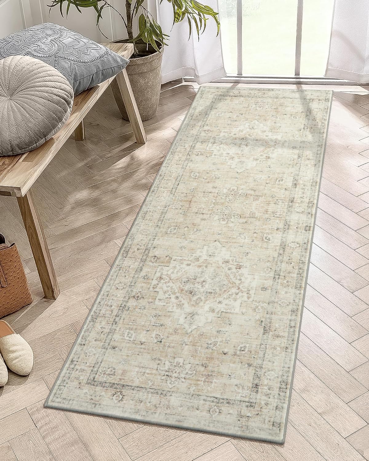 LIVEBOX Washable 2x6 Runner Rug for Bathroom, Non Slip Kitchen Mats for Floor Entryway, Boho Indoor Front Door Mat Low-Pile Runners for Hallways, Farmhouse Rugs for Laundry, Sage Green
