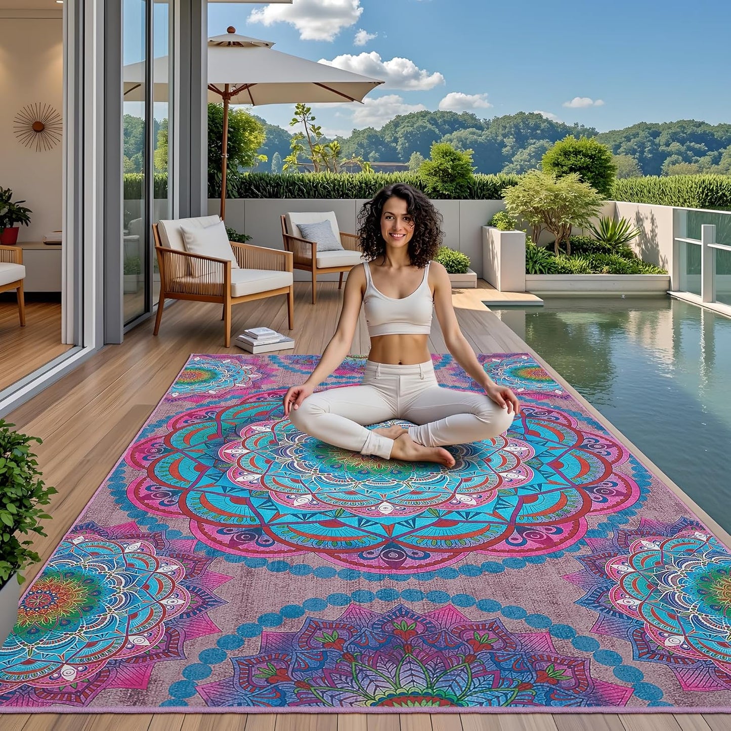 Meditation Indoor Outdoor Rug 5x8 ft Mandala Pattern Rug Boho Style,Yoga Meditation Mat Picnic Rug for Patio Living Room Porch Garden Deck Backyard Easy to Clean Non Shedding Non-Slip