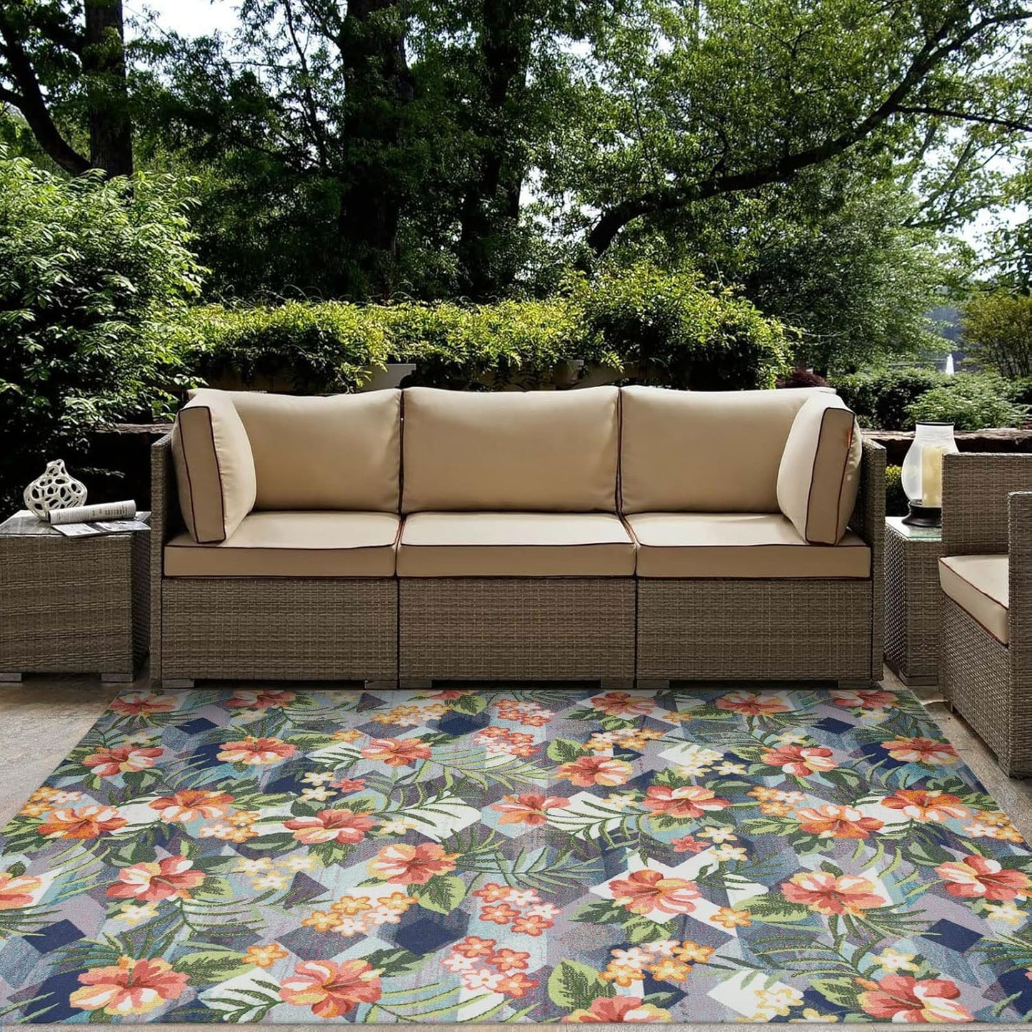 DECOMALL Outdoor Rugs for Patio Deck Porch Balcony Backyard, Green Blue Flower, 5'x7'