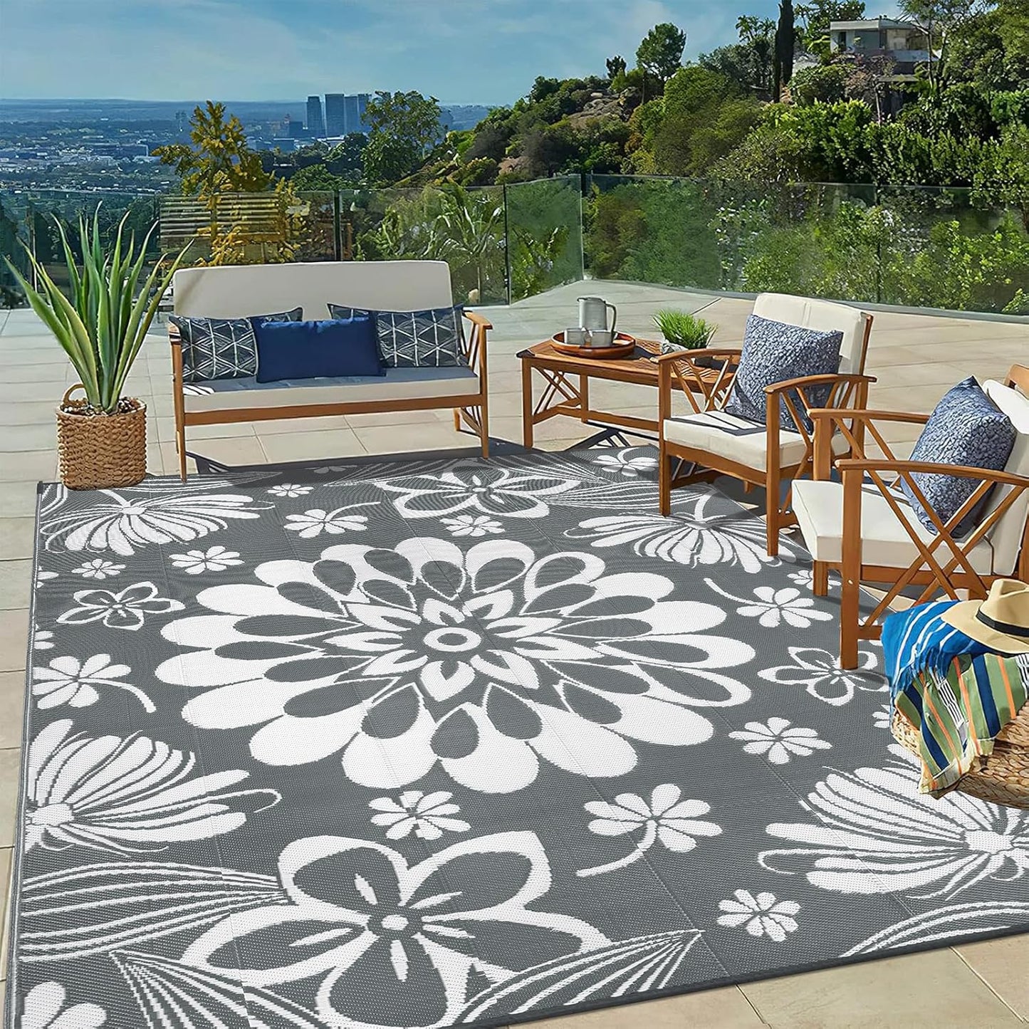 Ileading Round Outdoor Plastic Straw Rug 6ft Funny Floral Style Reversible Patio Area Rugs Waterproof Non Shedding Portable Carpets for Rv Outside Deck Pool Beach Picnic Camping (Pink)