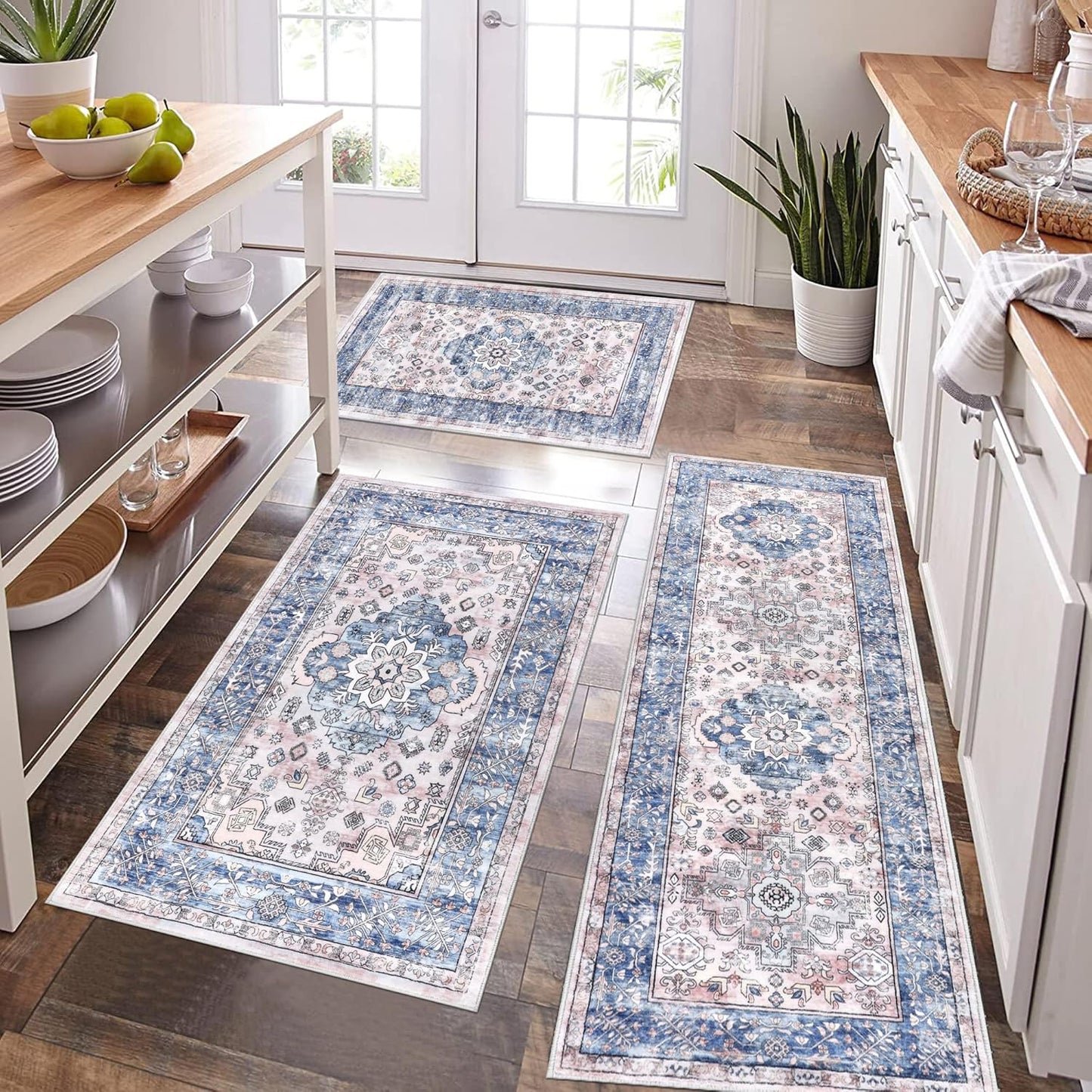 Pauwer Kitchen Mats for Floor 3 Piece Set Boho Non Slip Kitchen Rugs Washable Farmhouse Kitchen Floor Mats Thick Long Kitchen Throw Area Rug Carpet Runner for Hallway Entryway Laundry Bathroom, Blue