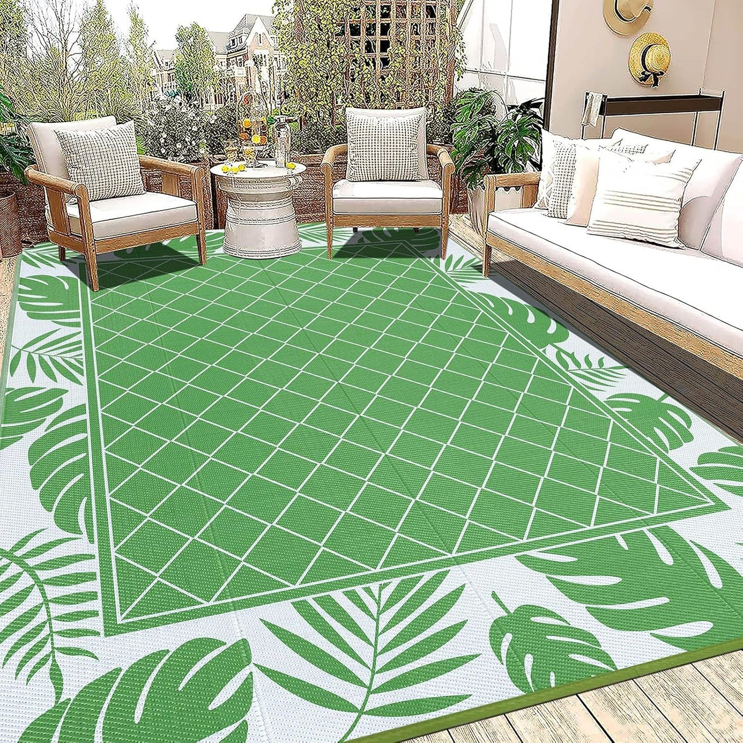 Ileading Reversible Outdoor Rug 6x9Ft Waterproof Patio Rug Carpet Portable Outdoor Plastic Straw Rug Large RV Camping Mat Rug for Patio, Clearance, Deck, Beach, Porch, Camping, Picnic, Flower Grey
