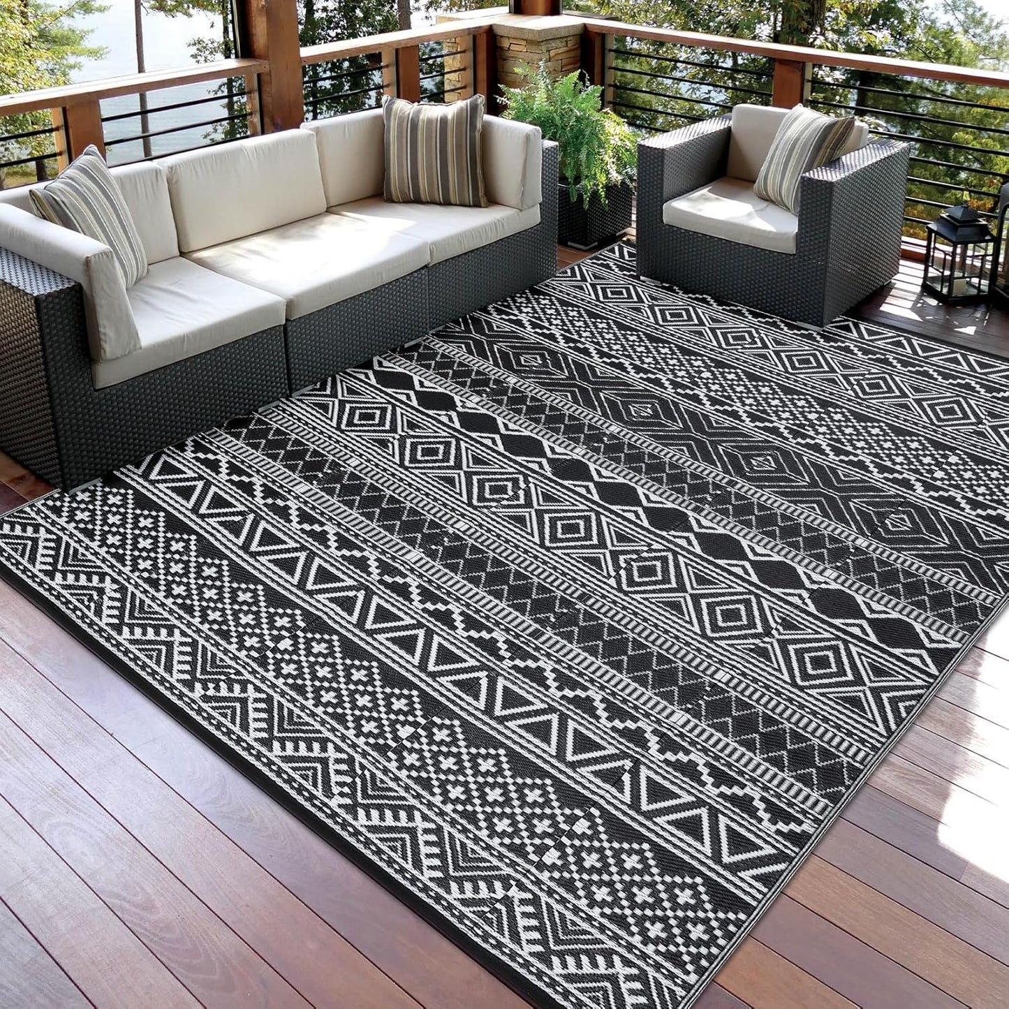 GAOMON Outdoor Plastic Straw Rug, 10'x20' Reversible Sage Green Patio Mat, Flower Modern Design for RV, Backyard, Deck, Camping, Picnic, Teal/Yellow(Bohemia)