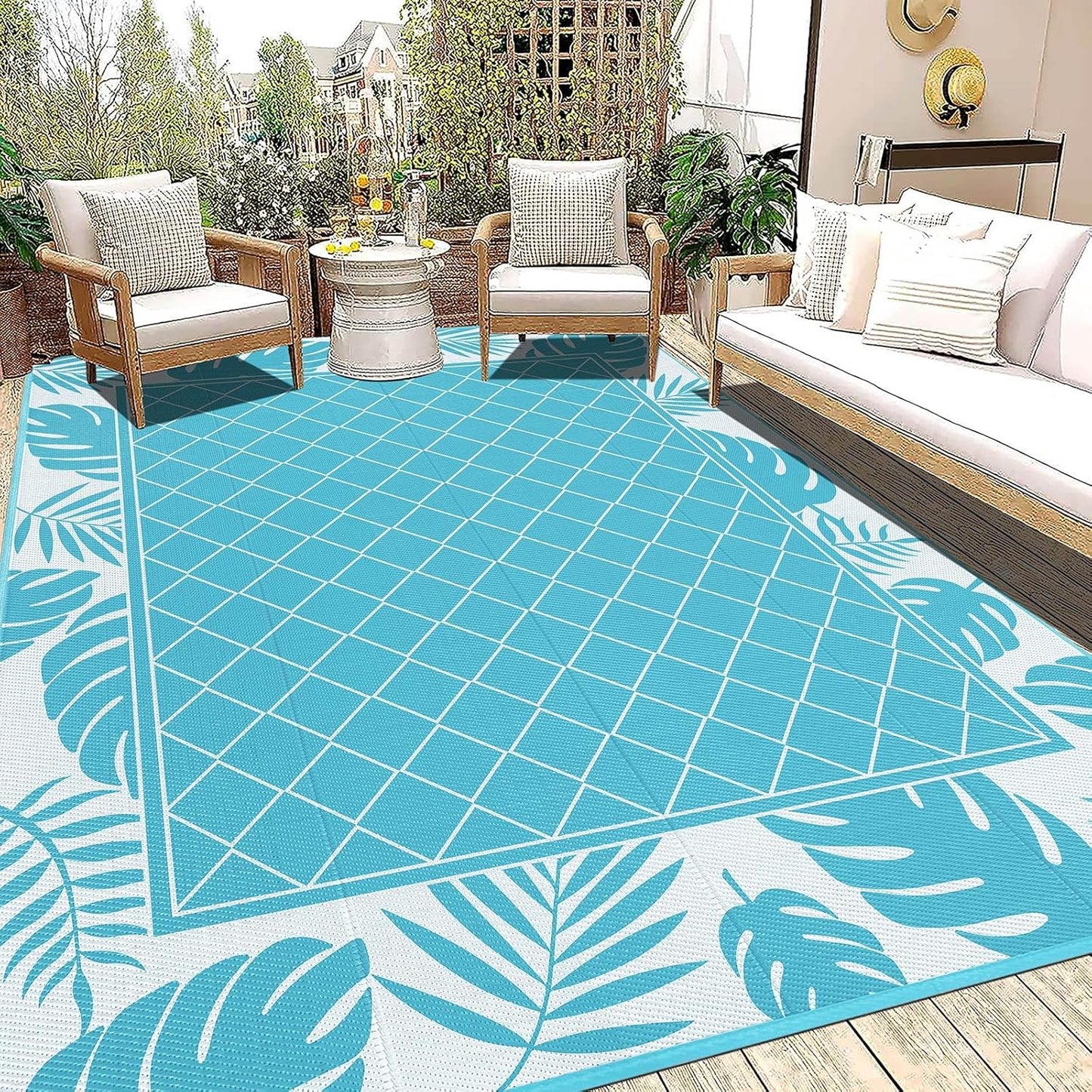 Ileading Reversible Outdoor Rug 6x9Ft Waterproof Patio Rug Carpet Portable Outdoor Plastic Straw Rug Large RV Camping Mat Rug for Patio, Clearance, Deck, Beach, Porch, Camping, Picnic, Flower Grey