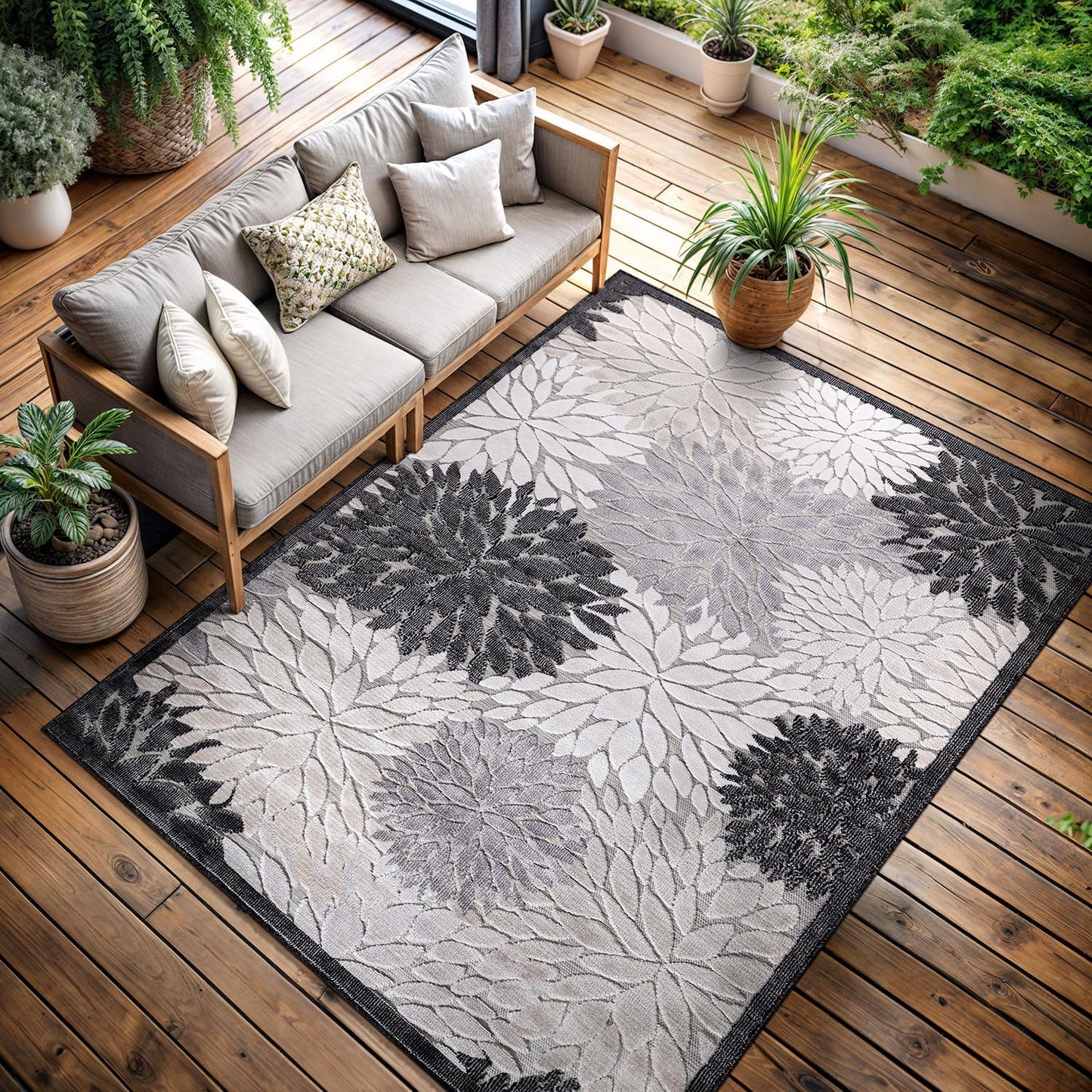 CAMILSON Indoor Outdoor Rug 8x10 Bohemian Medallion Floral Area Rugs for Indoor and Outdoor Patios Easy-Cleaning Non-Shedding Living Room Garden and Kitchen Washable Outside Carpet (8 x 10 / Beige)
