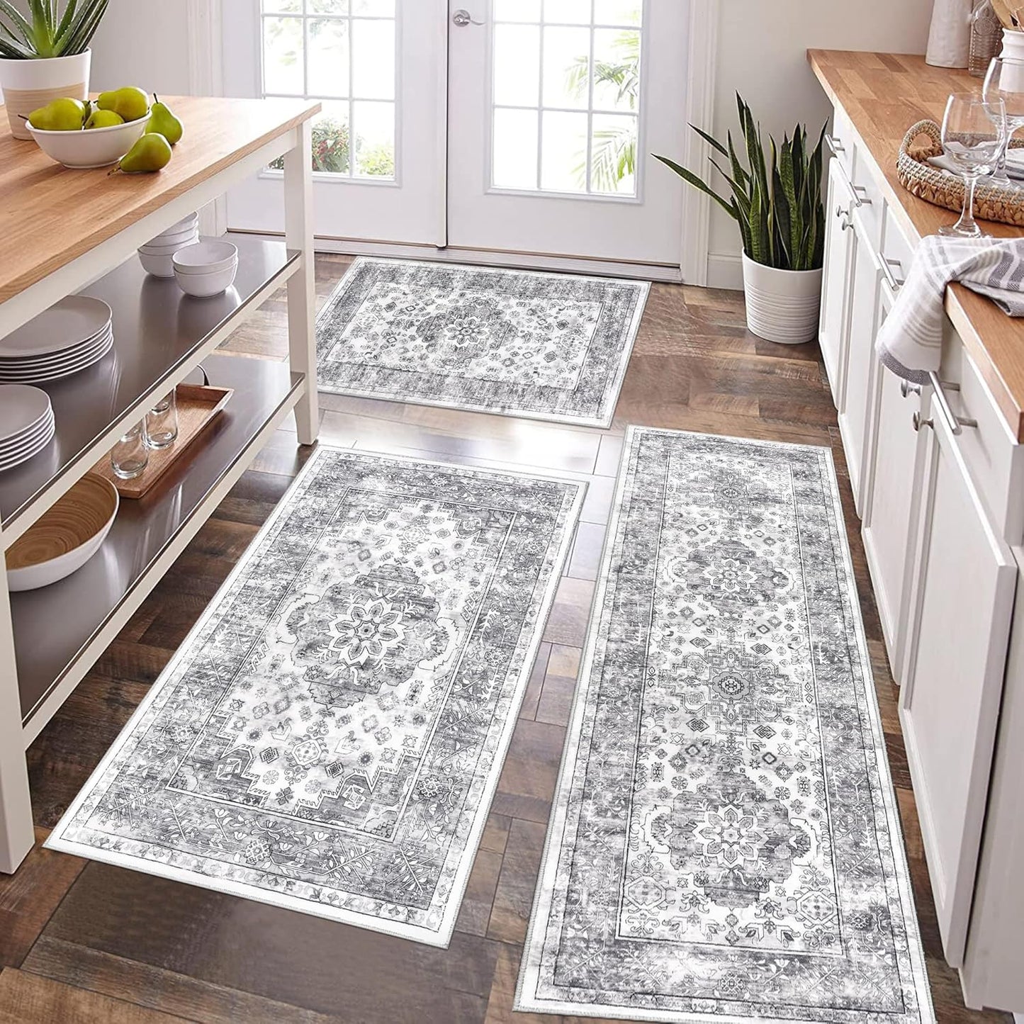 Pauwer Kitchen Mats for Floor 3 Piece Set Boho Non Slip Kitchen Rugs Washable Farmhouse Kitchen Floor Mats Thick Long Kitchen Throw Area Rug Carpet Runner for Hallway Entryway Laundry Bathroom, Blue