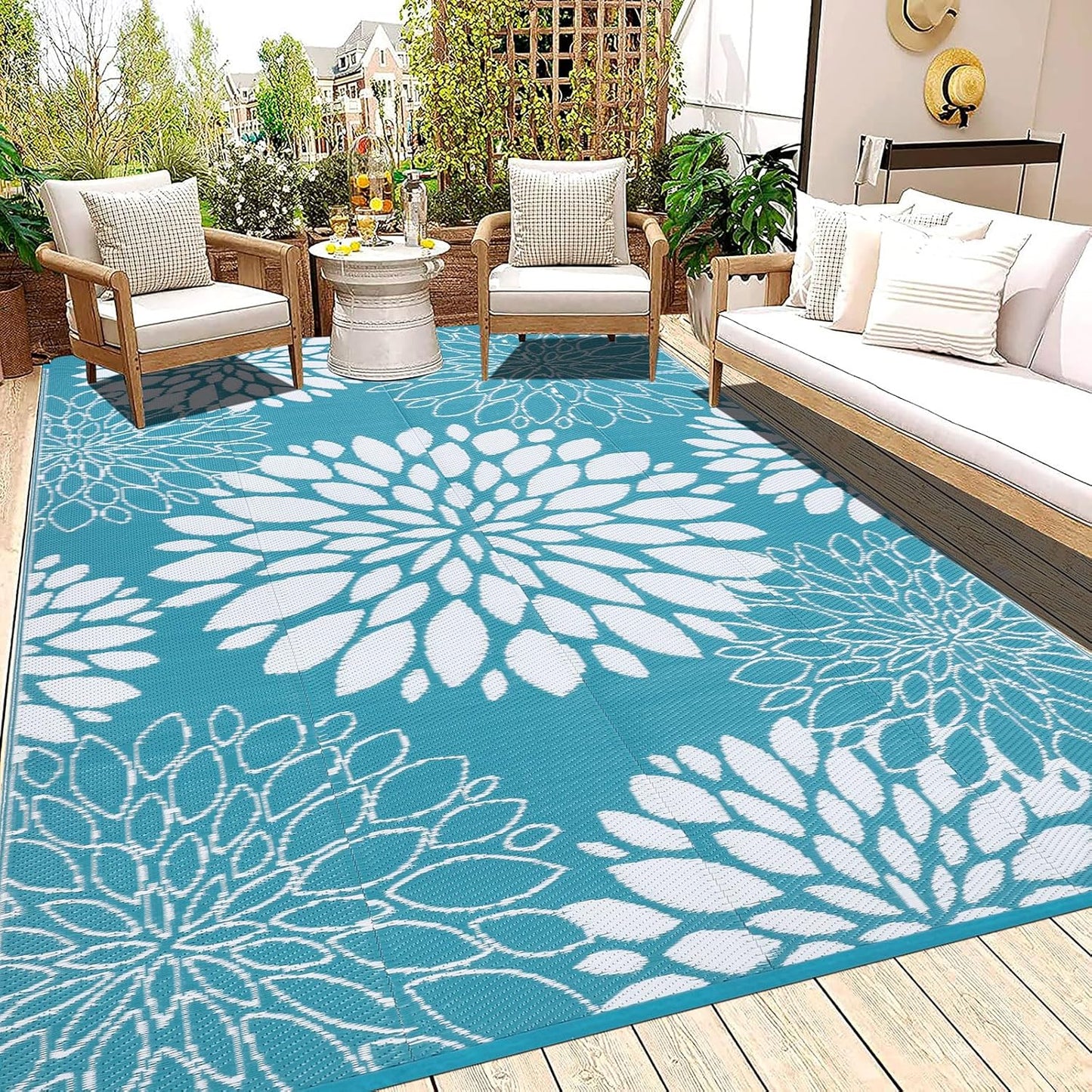 Ileading Reversible Outdoor Rug 6x9Ft Waterproof Patio Rug Carpet Portable Outdoor Plastic Straw Rug Large RV Camping Mat Rug for Patio, Clearance, Deck, Beach, Porch, Camping, Picnic, Flower Grey