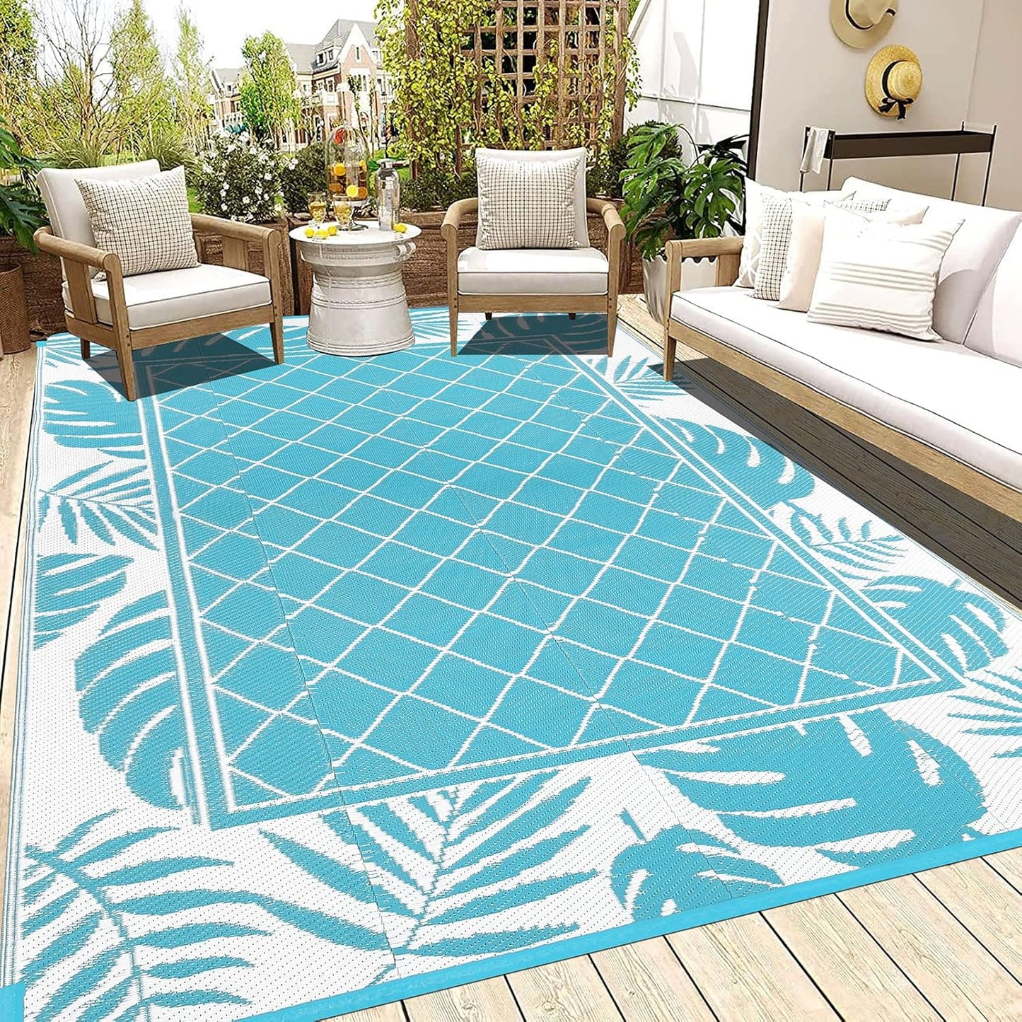 Ileading Reversible Outdoor Rug 6x9Ft Waterproof Patio Rug Carpet Portable Outdoor Plastic Straw Rug Large RV Camping Mat Rug for Patio, Clearance, Deck, Beach, Porch, Camping, Picnic, Flower Grey