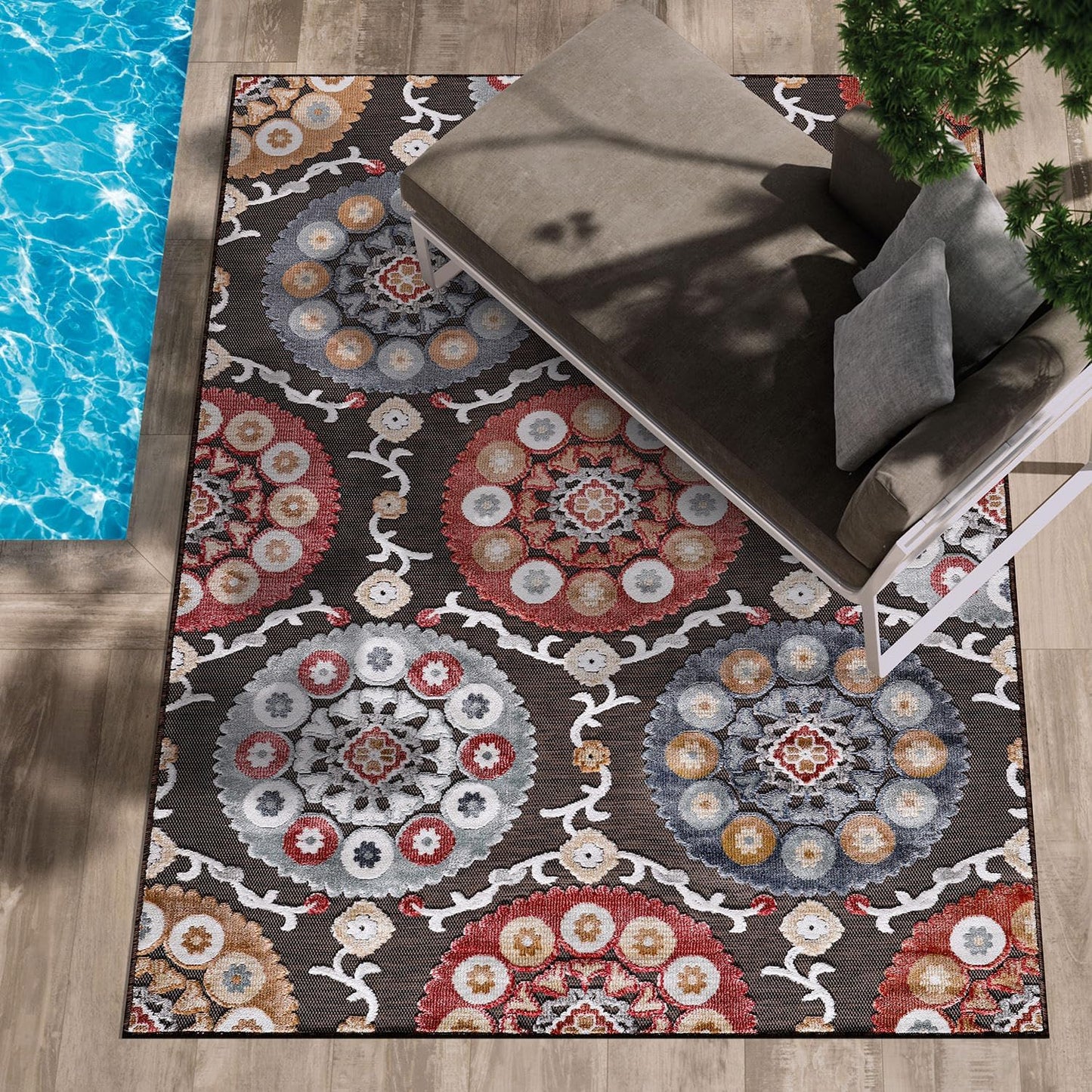 CAMILSON Indoor Outdoor Rug 8x10 Bohemian Medallion Floral Area Rugs for Indoor and Outdoor Patios Easy-Cleaning Non-Shedding Living Room Garden and Kitchen Washable Outside Carpet (8 x 10 / Beige)